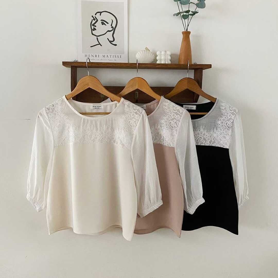 BR5133 復古鏤空燈籠中袖拼接上衣