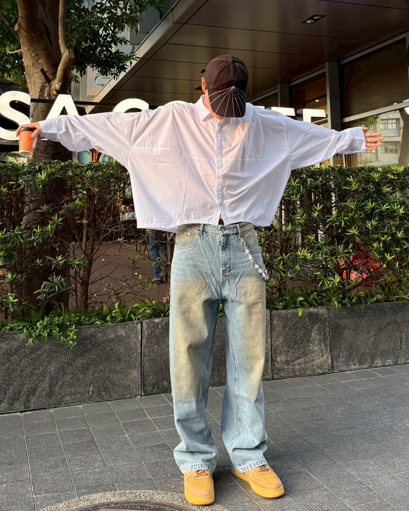 韓國寬短版素色襯衫 白色 男實穿