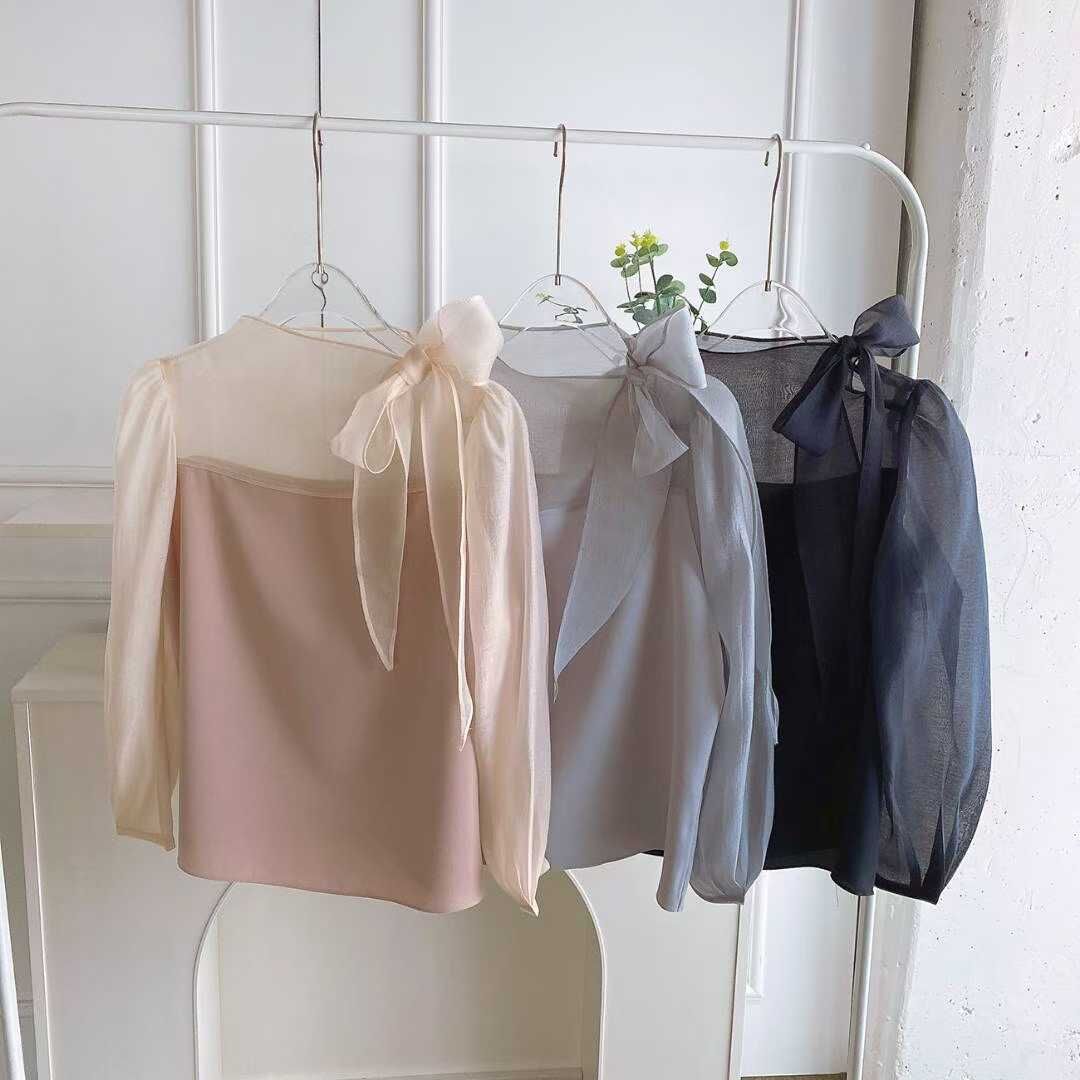 BR5138 淑女風紗質拼接蝴蝶結上衣