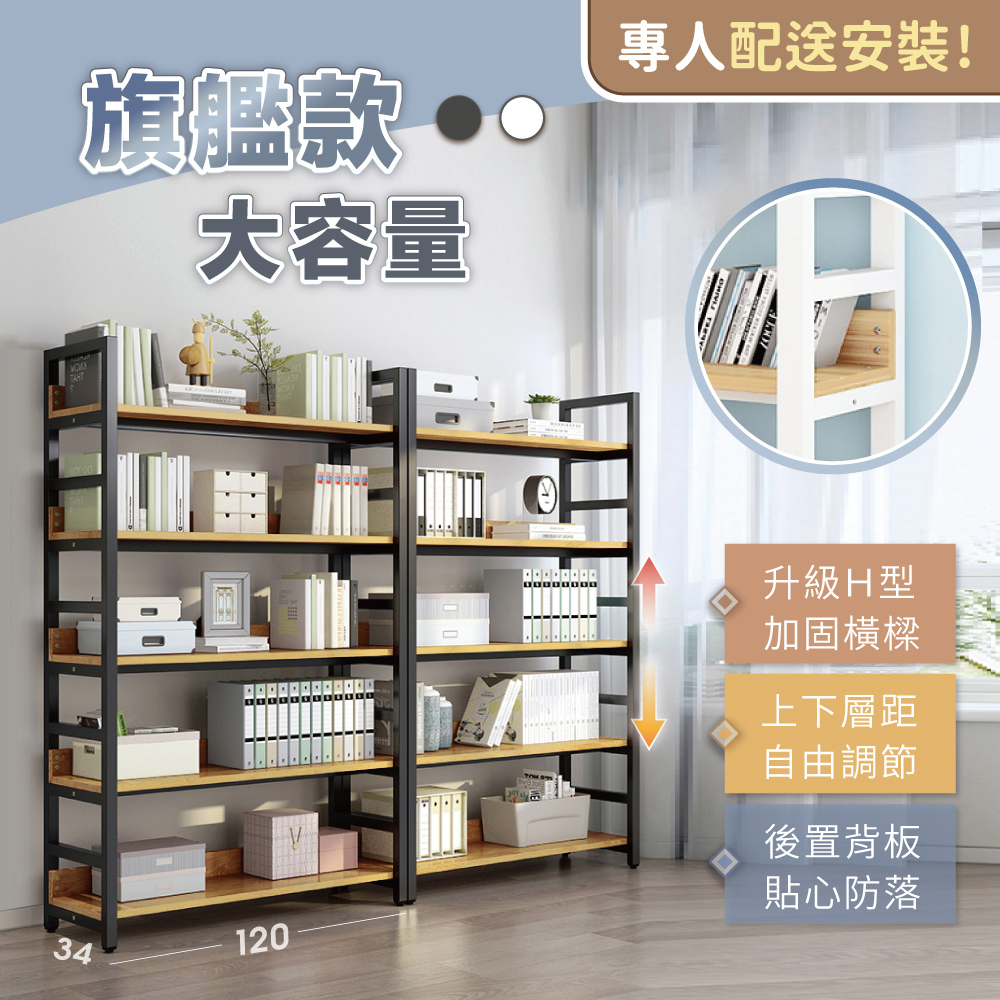 【慢慢家居】專人組裝-加大尺寸超耐重五層置物架-層板可調(W120x34x182cm)