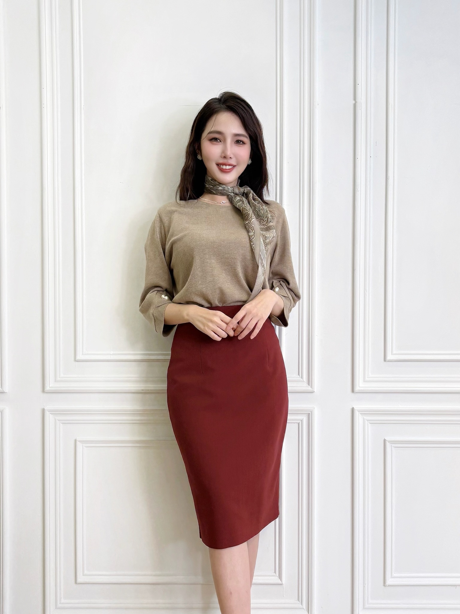 澎袖雙珍珠釦針織上衣