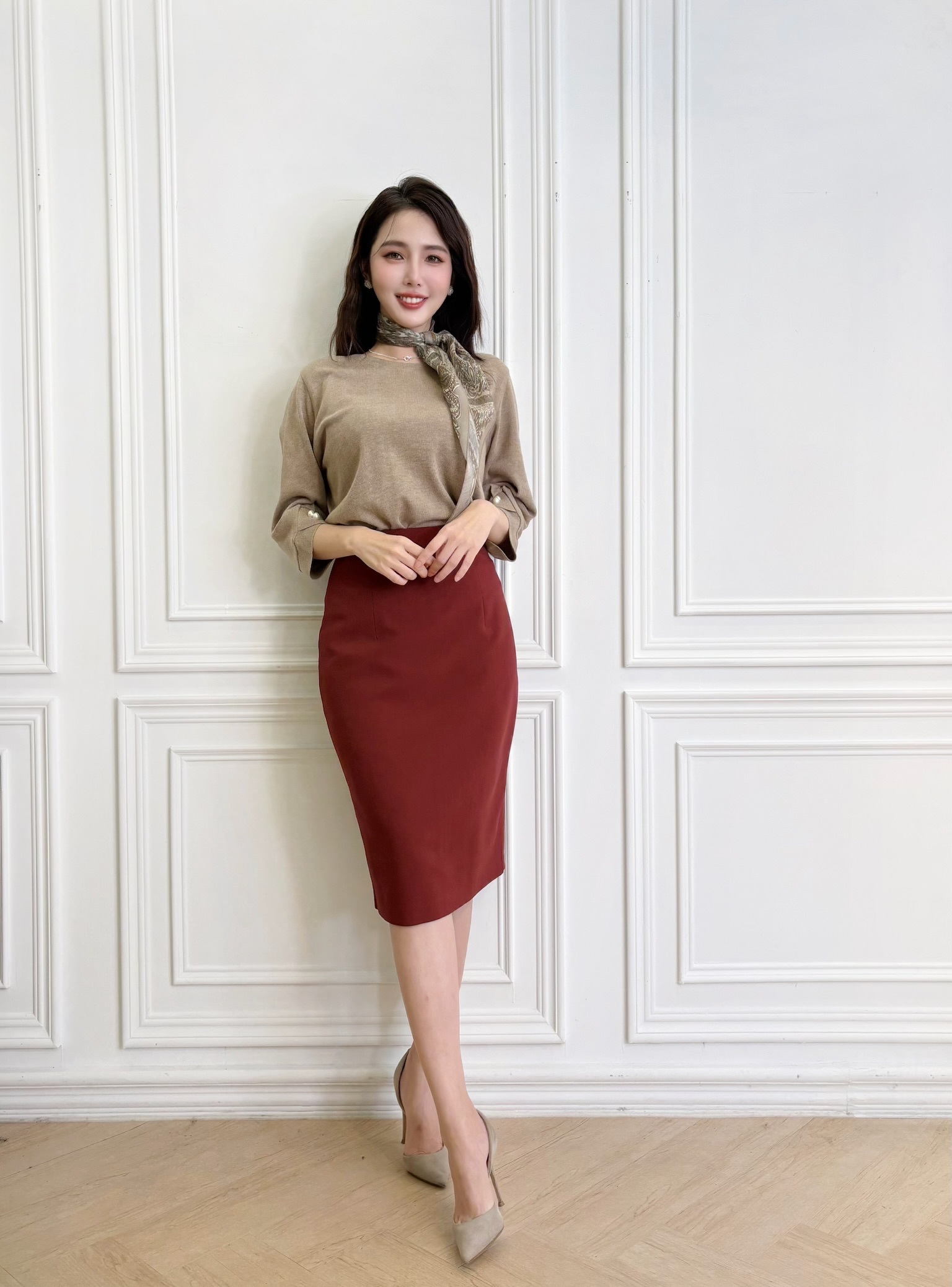 澎袖雙珍珠釦針織上衣