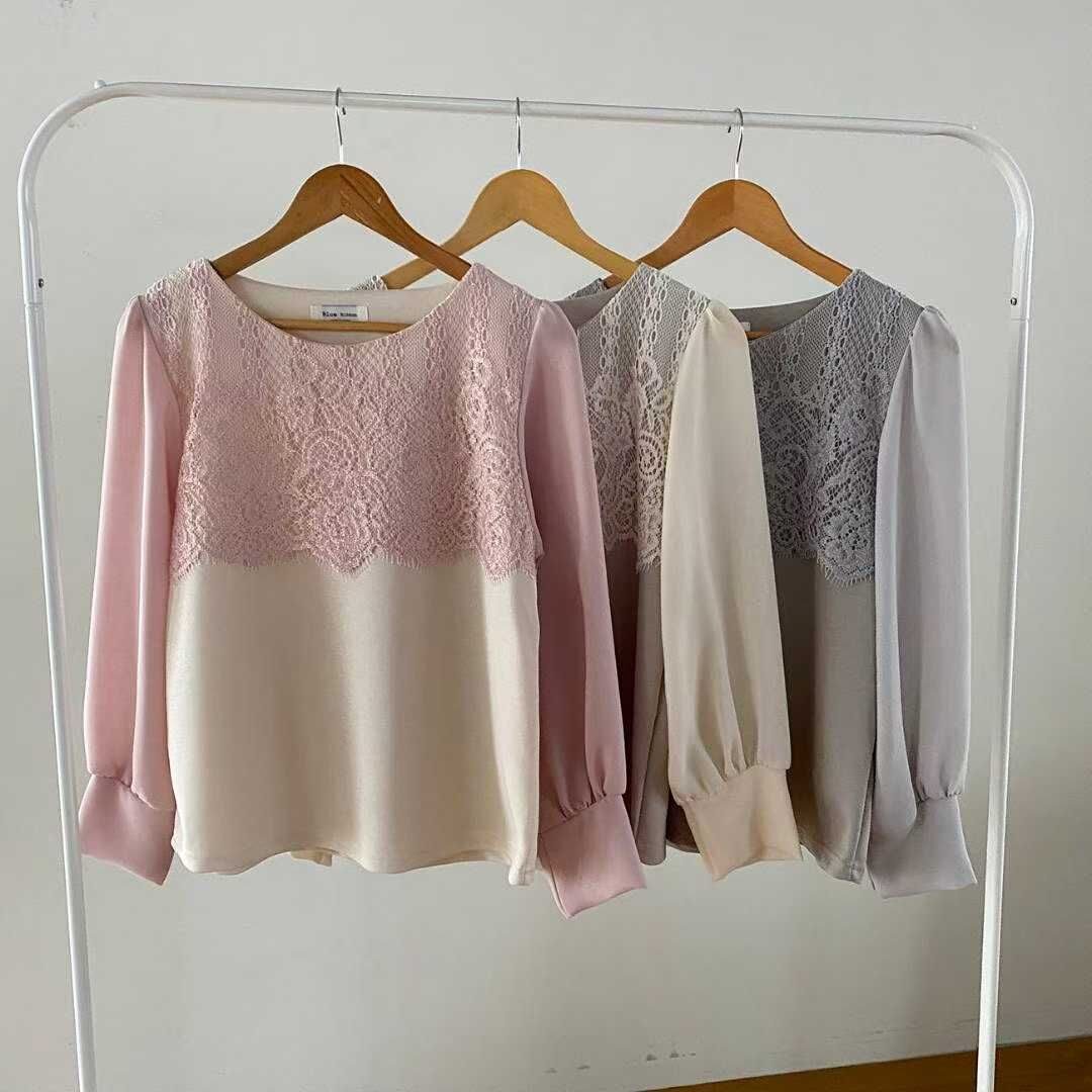 BR5141 甜美撞色上下拼蕾絲上衣