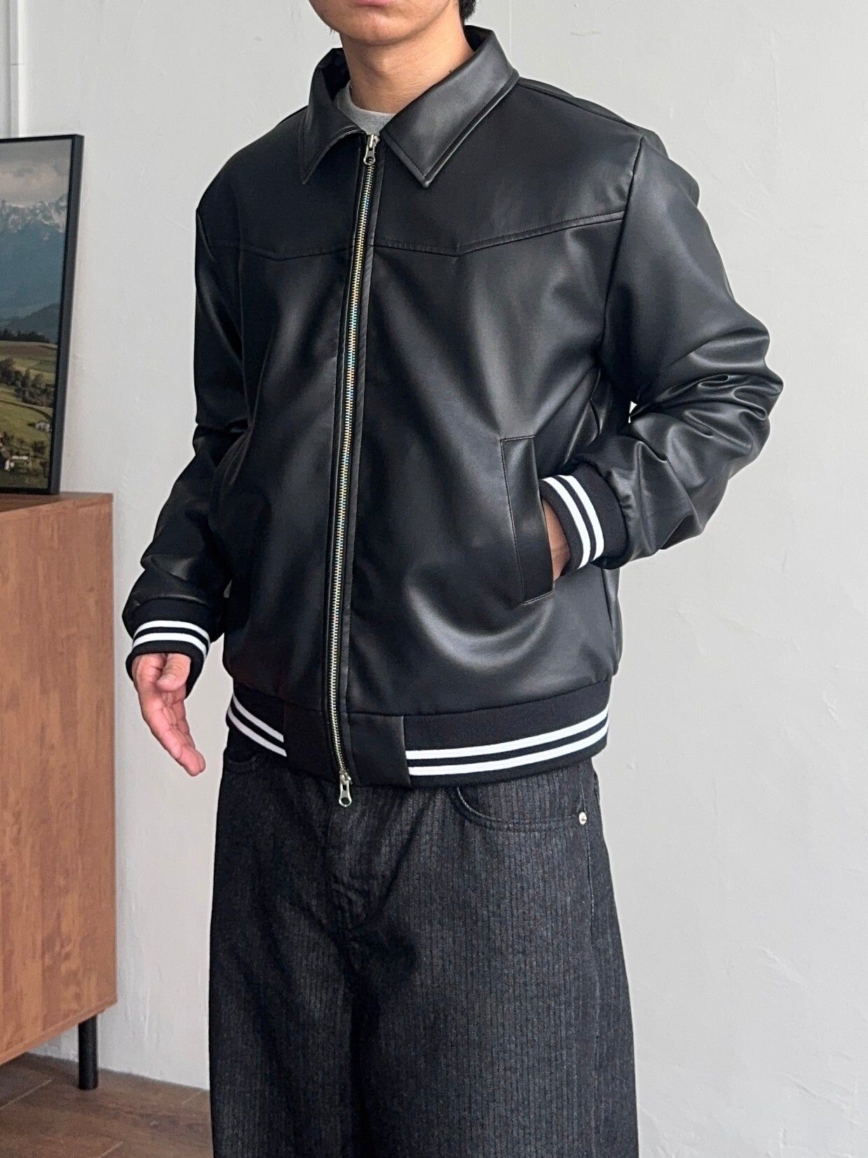 運動線條皮革夾克 皮衣外套