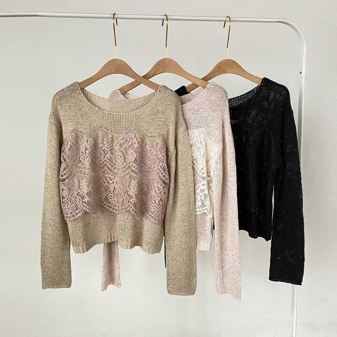 BR5143 胸前鏤空蕾絲拼接針織上衣