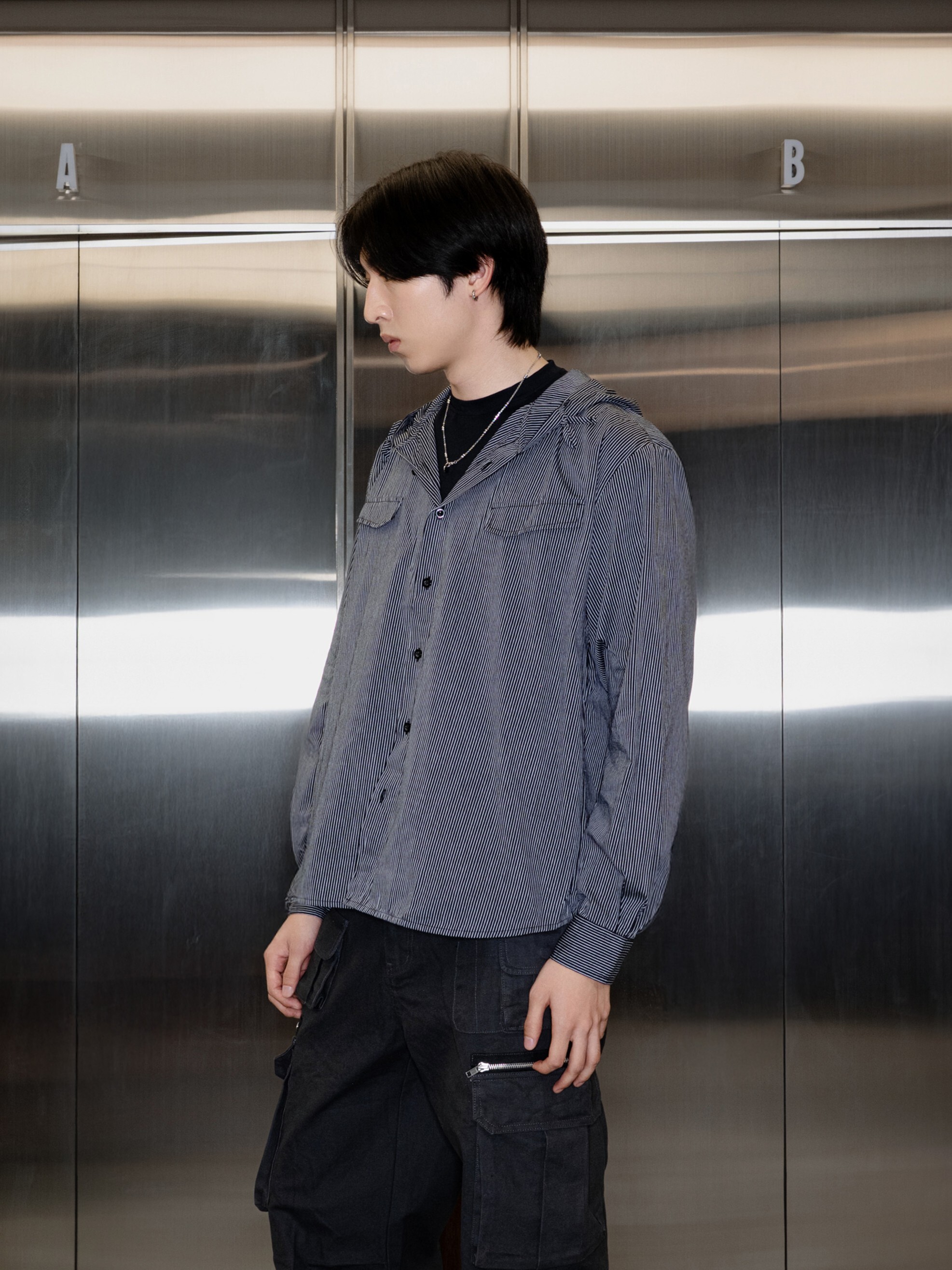 SIMON MADE HL-2307 巴黎 直條紋 連帽 襯衫