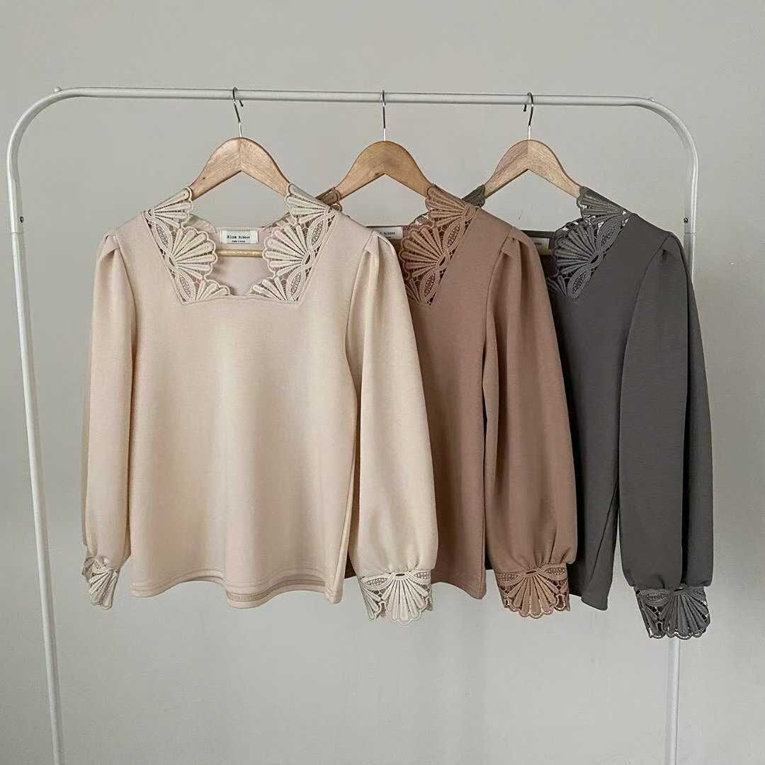 BR5148 高質感貝殼鏤空方領上衣