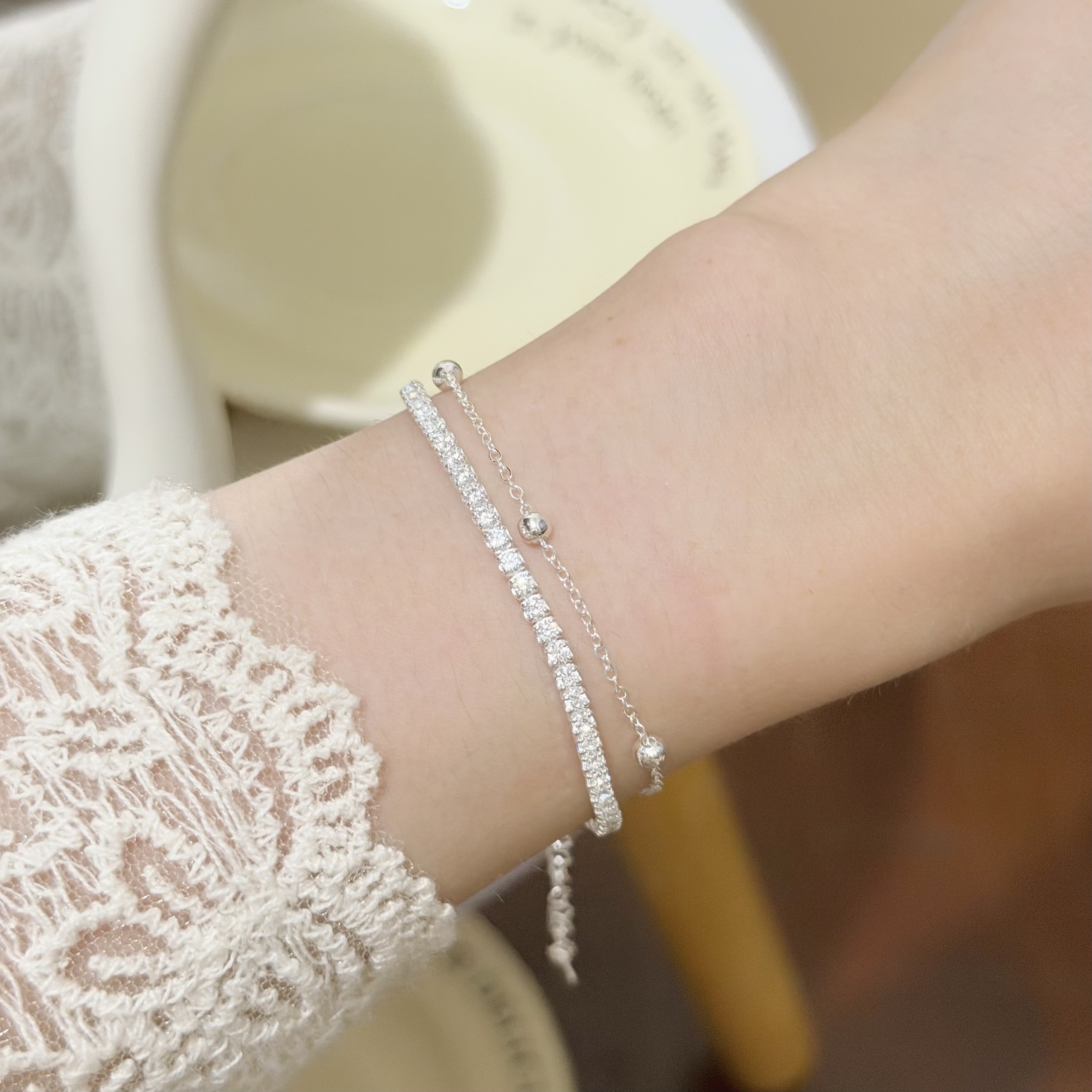 H175雙層圓珠排鑽純銀手鏈