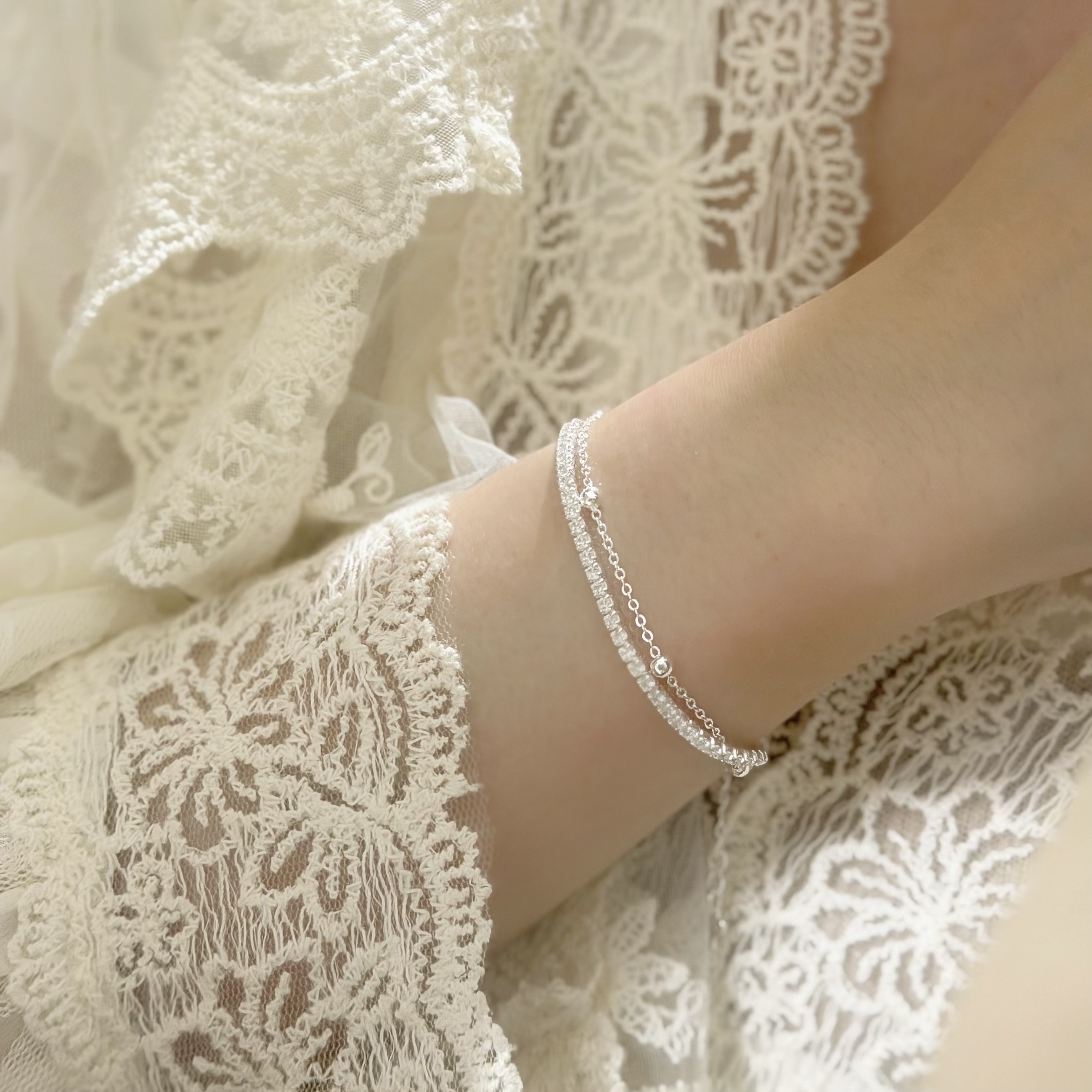 H175雙層圓珠排鑽純銀手鏈