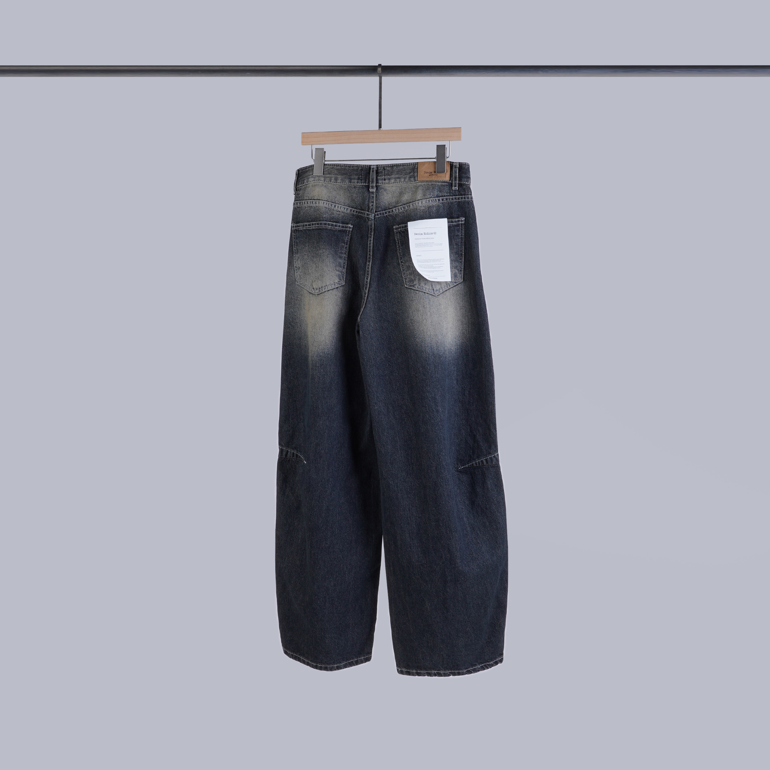 復古刷色拼接車線牛仔褲 | M-XL | 深藍