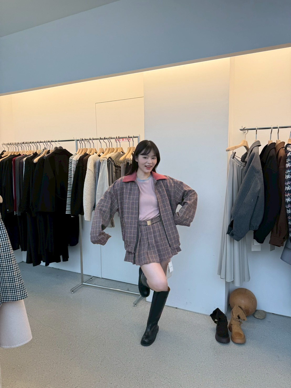 JU5159 復古格仔夾克外套 *粉啡*