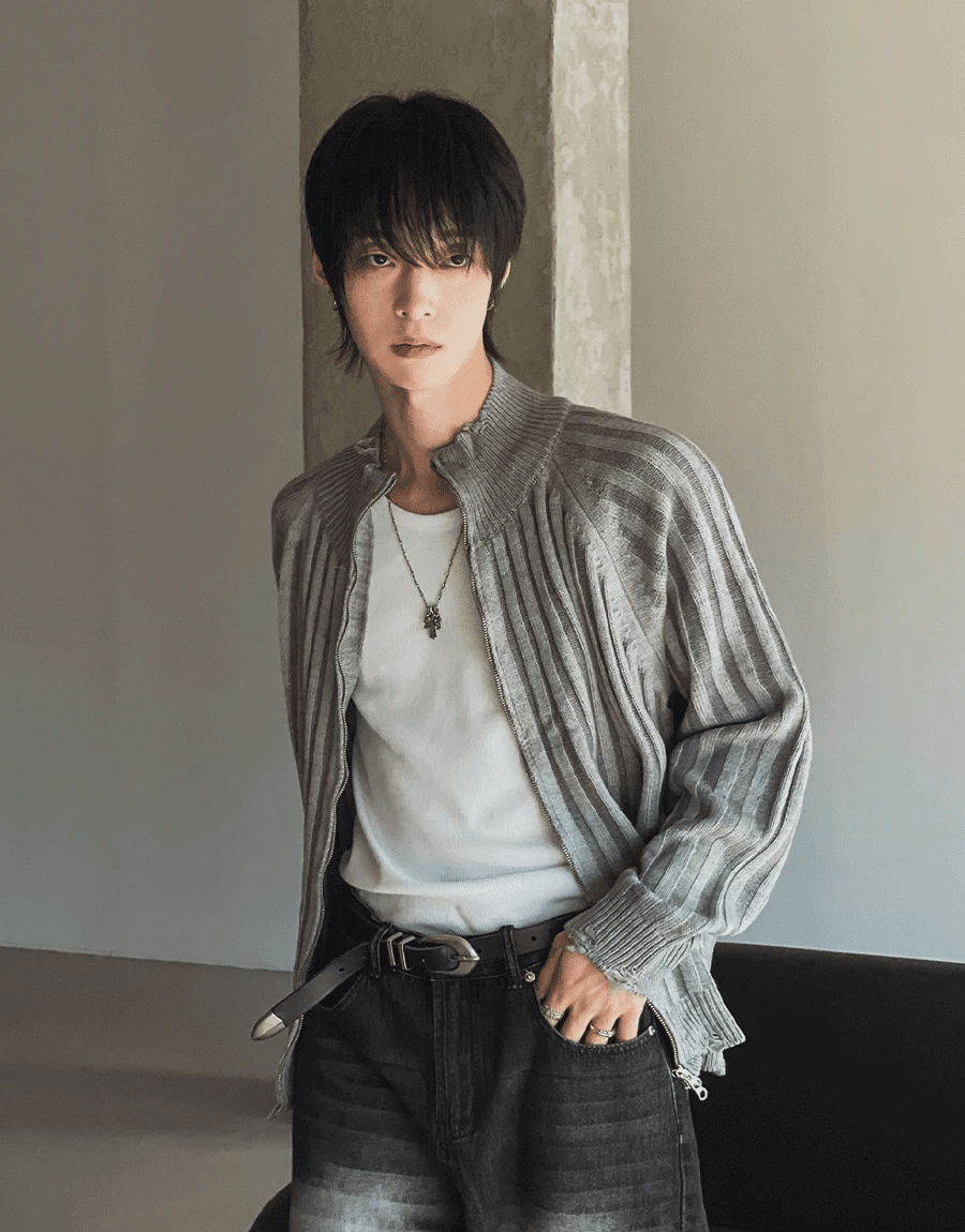 肯特損傷針織拉鍊衫