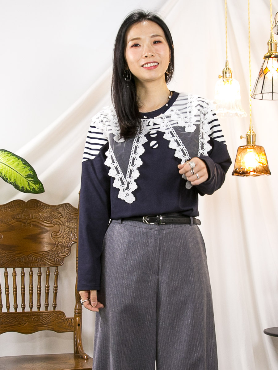 ⬇️開倉低至半價😱FINALSALE📣  領位DOUBLE LACE網布．釘鈕．橫間 拼 淨色雙面料TOP【不設退換】