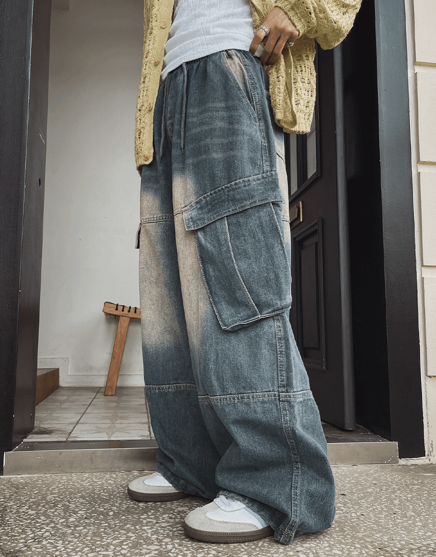 復古水洗工裝牛仔褲