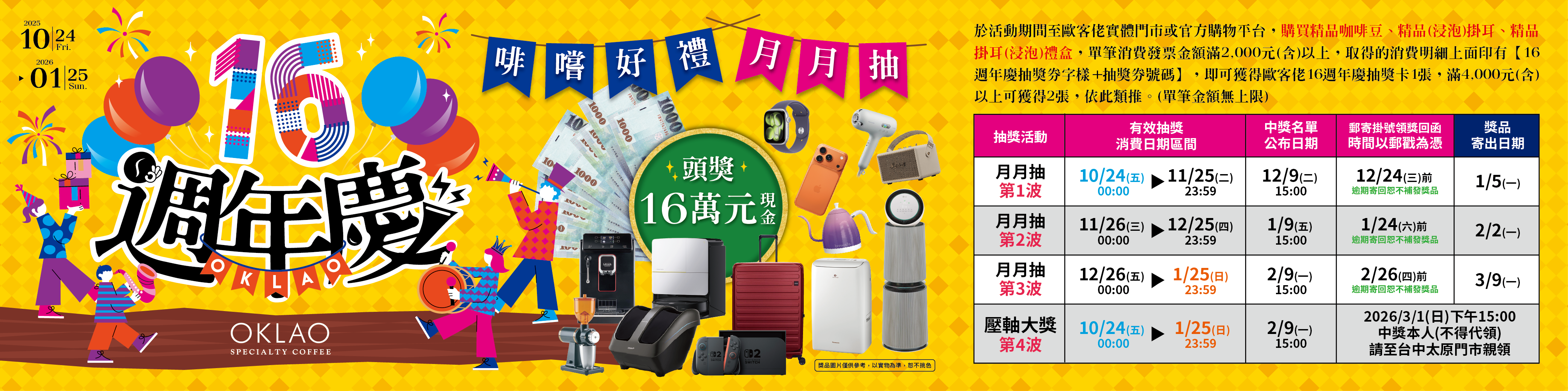 2025 歐客佬16週年慶月月抽好禮