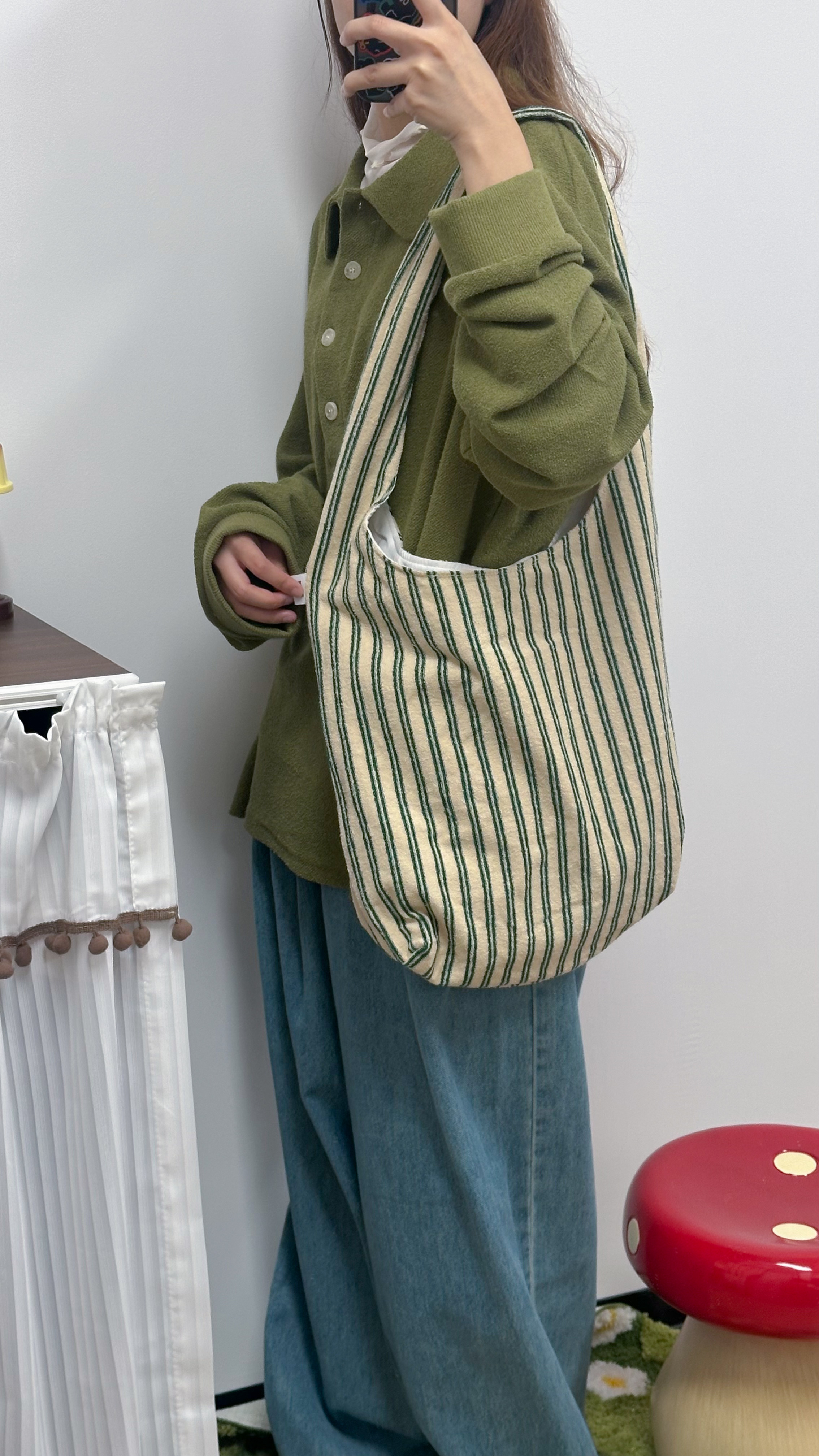 毛布料直間tote bag (綠/啡)