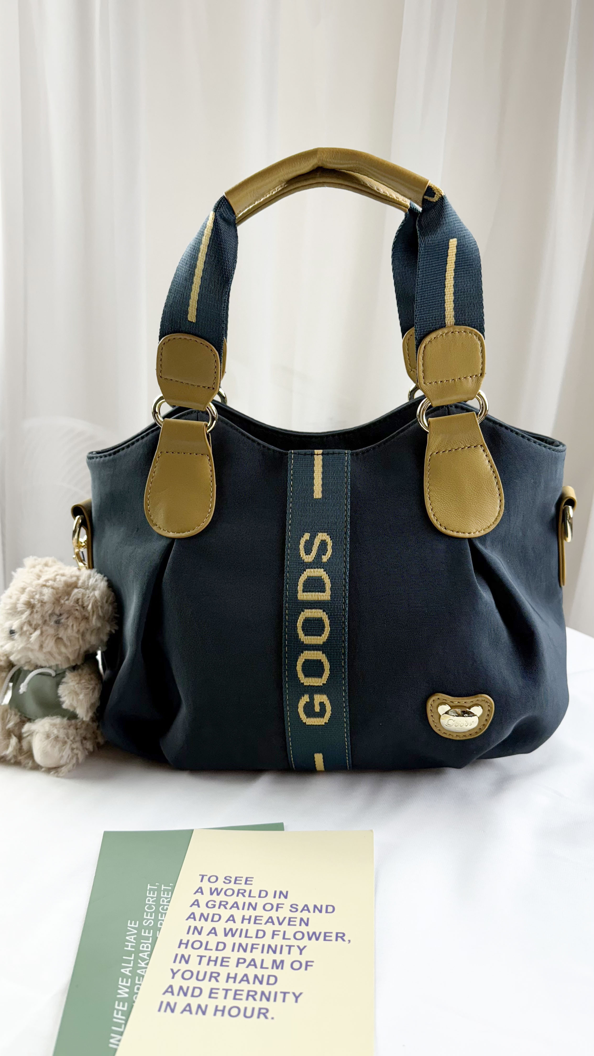 GOODS 織帶海軍藍配黃防潑水手提包 / 側背包 附小熊吊飾  #2131