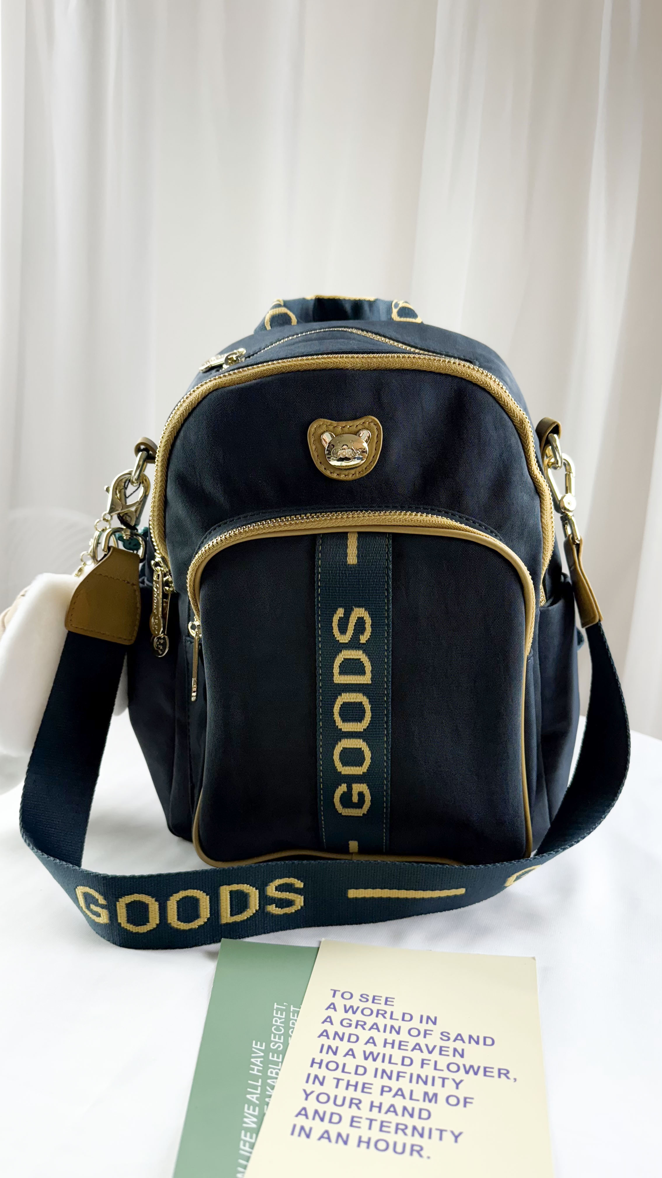 GOODS 織帶海軍藍配黃防潑水後背包 / 側背包 附小熊吊飾 #2795