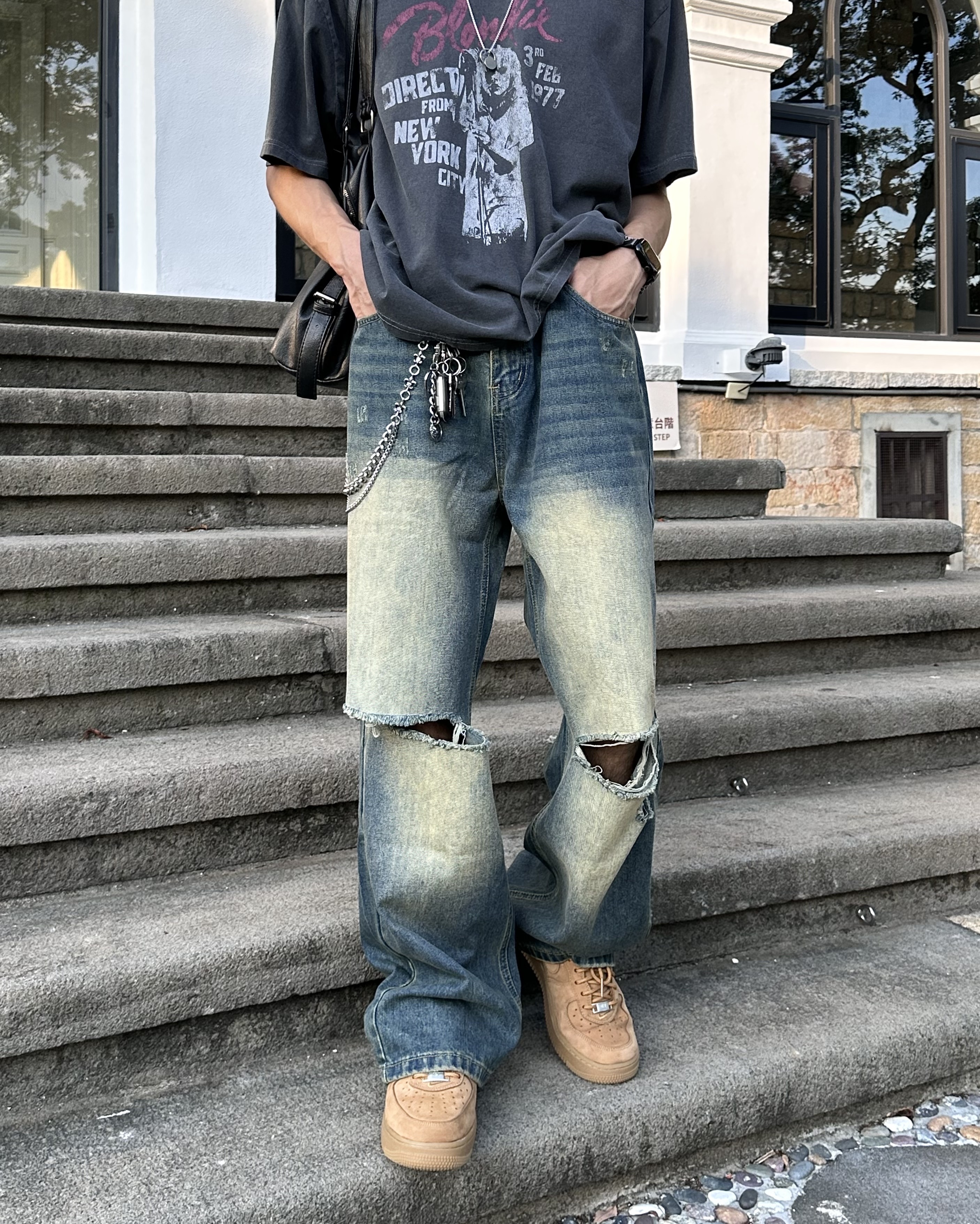 𝐇·𝐓·𝐒 韓國 廢土色 做舊 復古水洗 刷黃 刀割破壞 寬鬆 牛仔 長褲