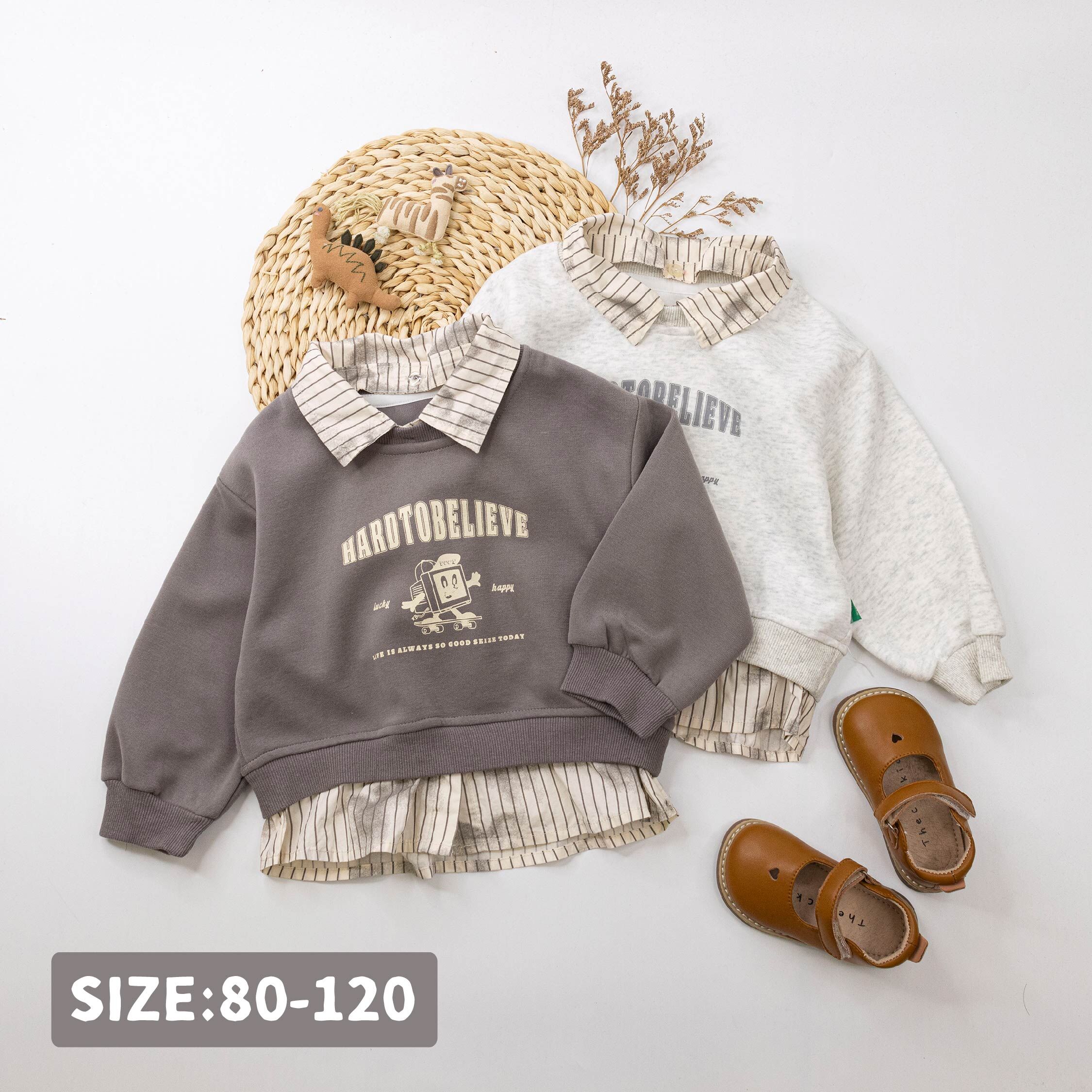 【H55156】逗趣溜滑板拼領假兩件上衣＊二色