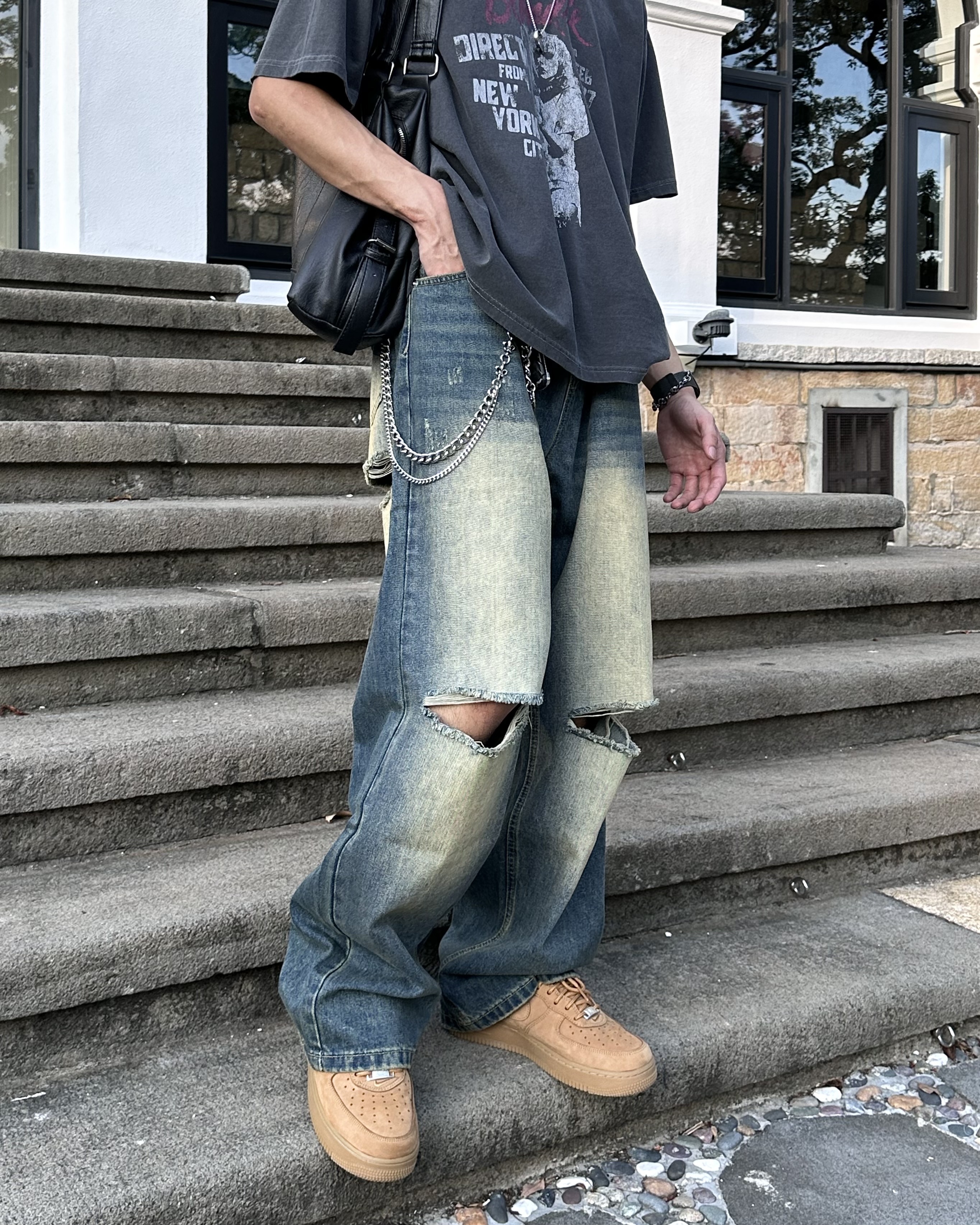 𝐇·𝐓·𝐒 韓國 廢土色 做舊 復古水洗 刷黃 刀割破壞 寬鬆 牛仔 長褲