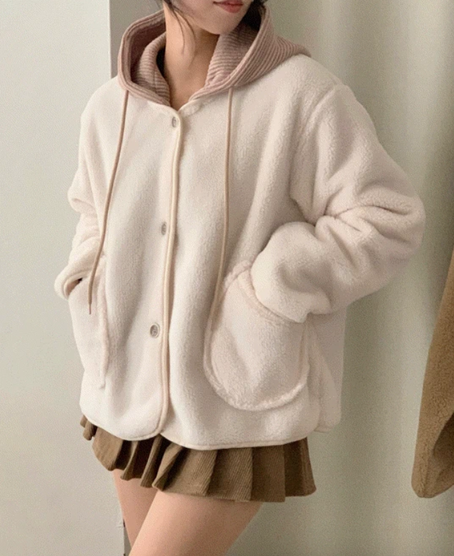 早秋預訂｜羊毛絨紐扣寬鬆連帽外套