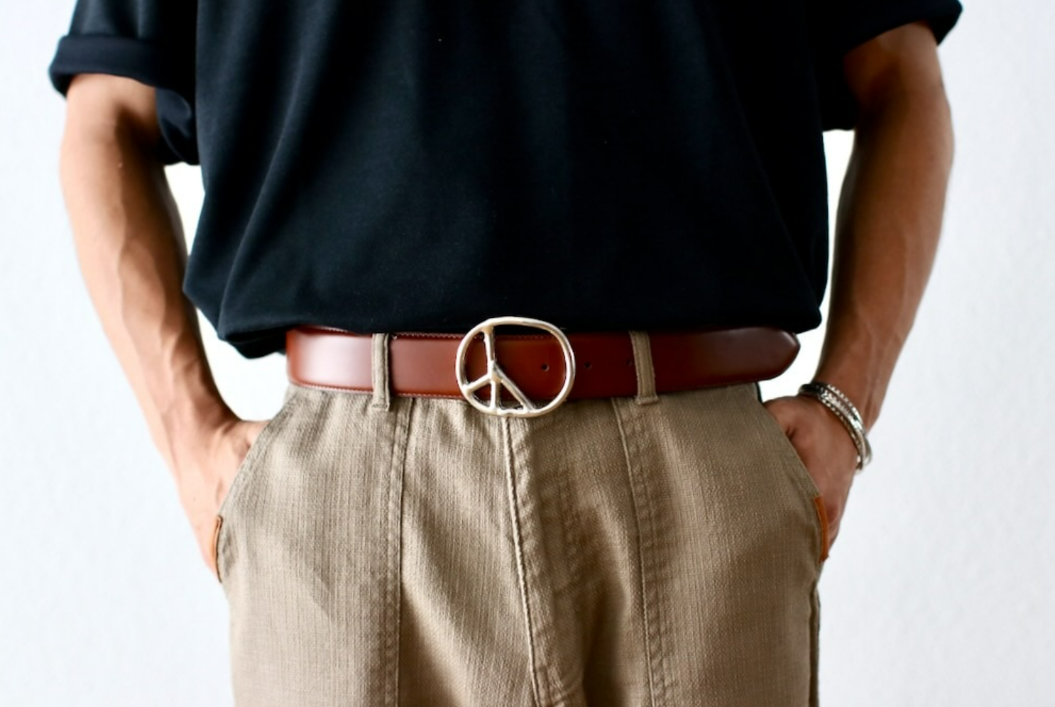 2025AW NEEDLES PEACE BUCKLE BELT STEER LTHR 牛皮 皮革 和平符號 皮帶 現貨 RW024B