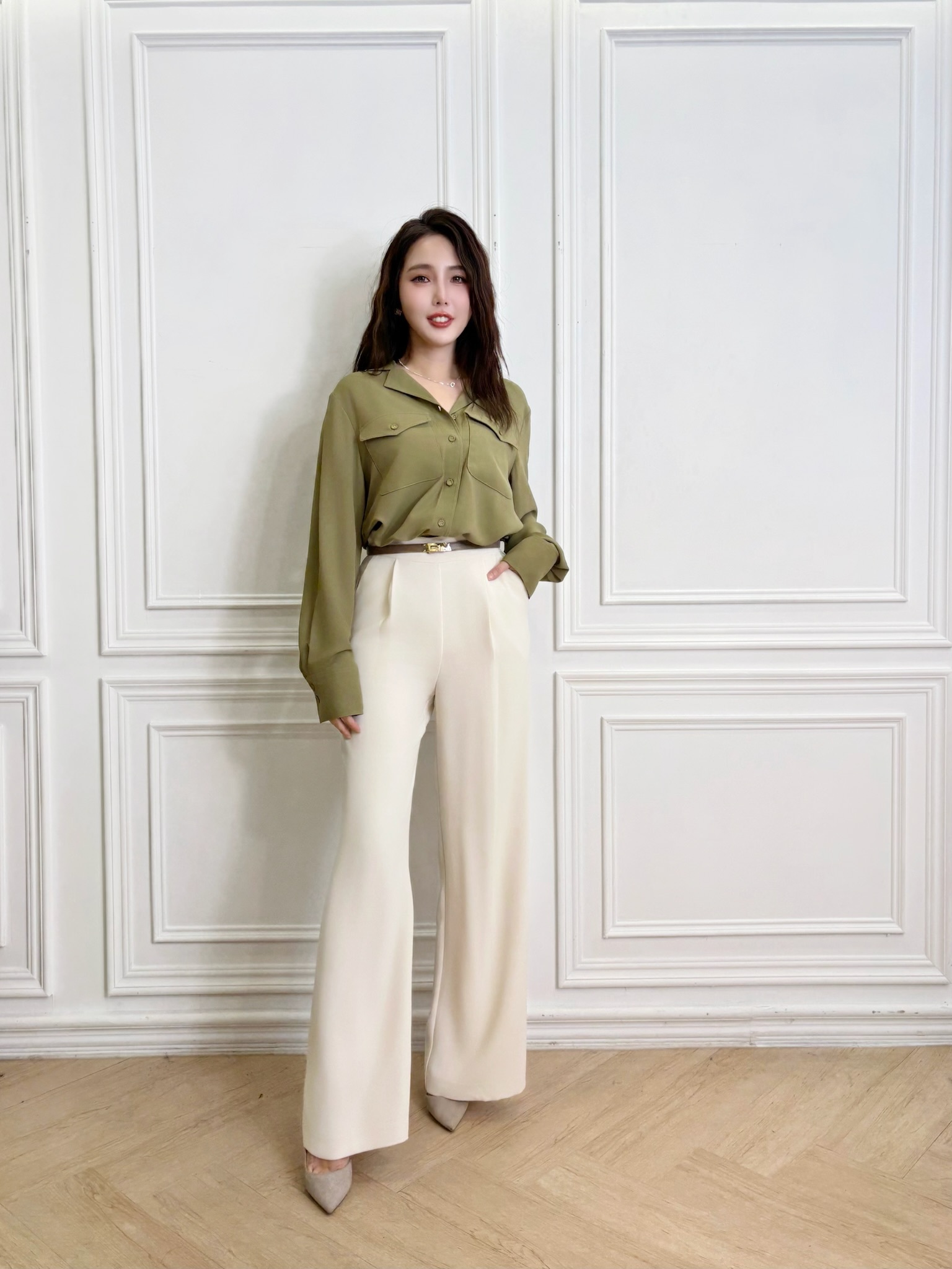 側包布釦前打褶寬褲