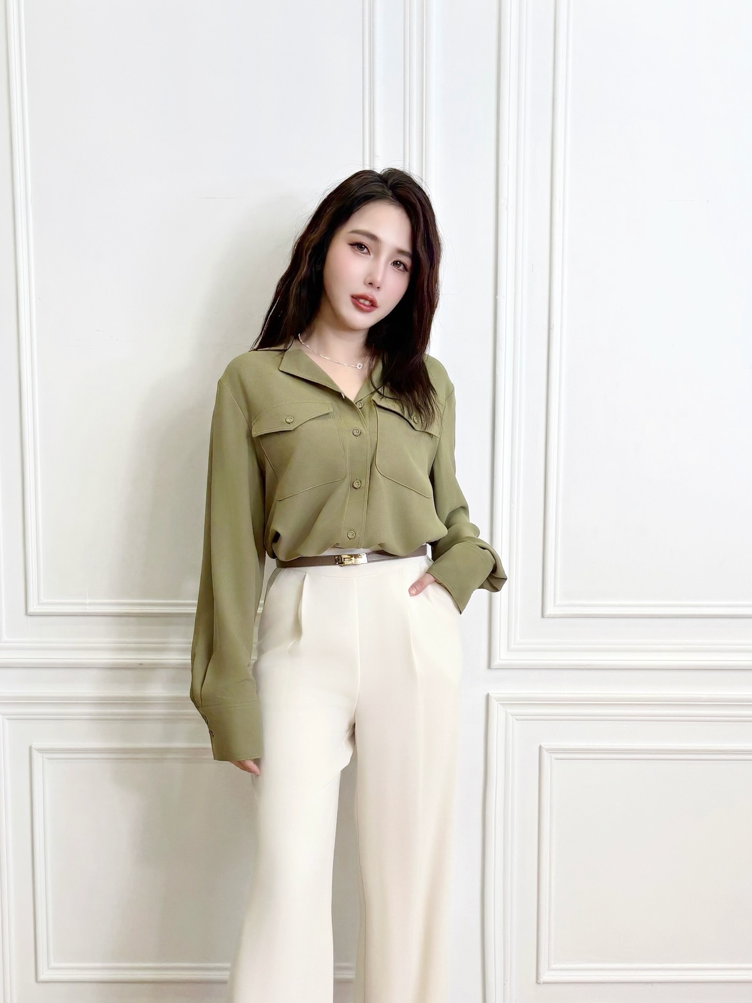 側包布釦前打褶寬褲