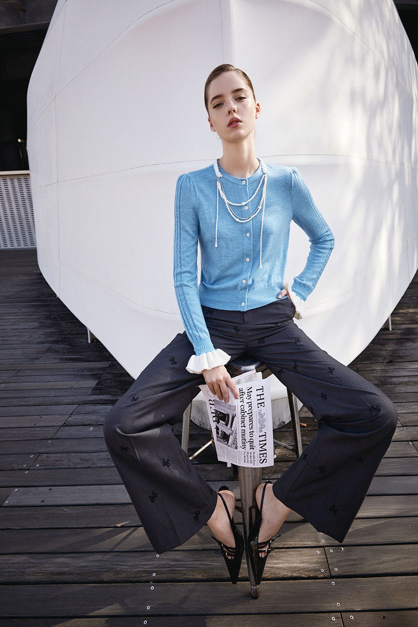 BE15001B2 灰語緞結高腰直筒西裝寬褲