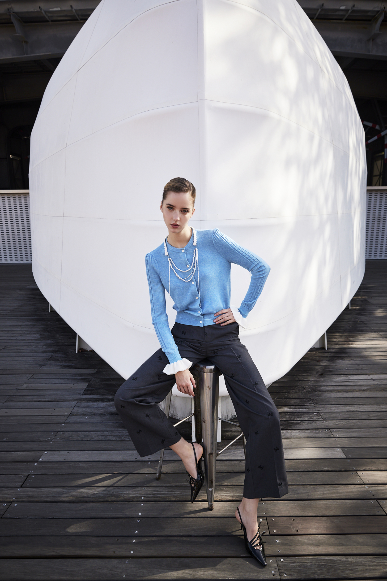 BE15001B2 灰語緞結高腰直筒西裝寬褲