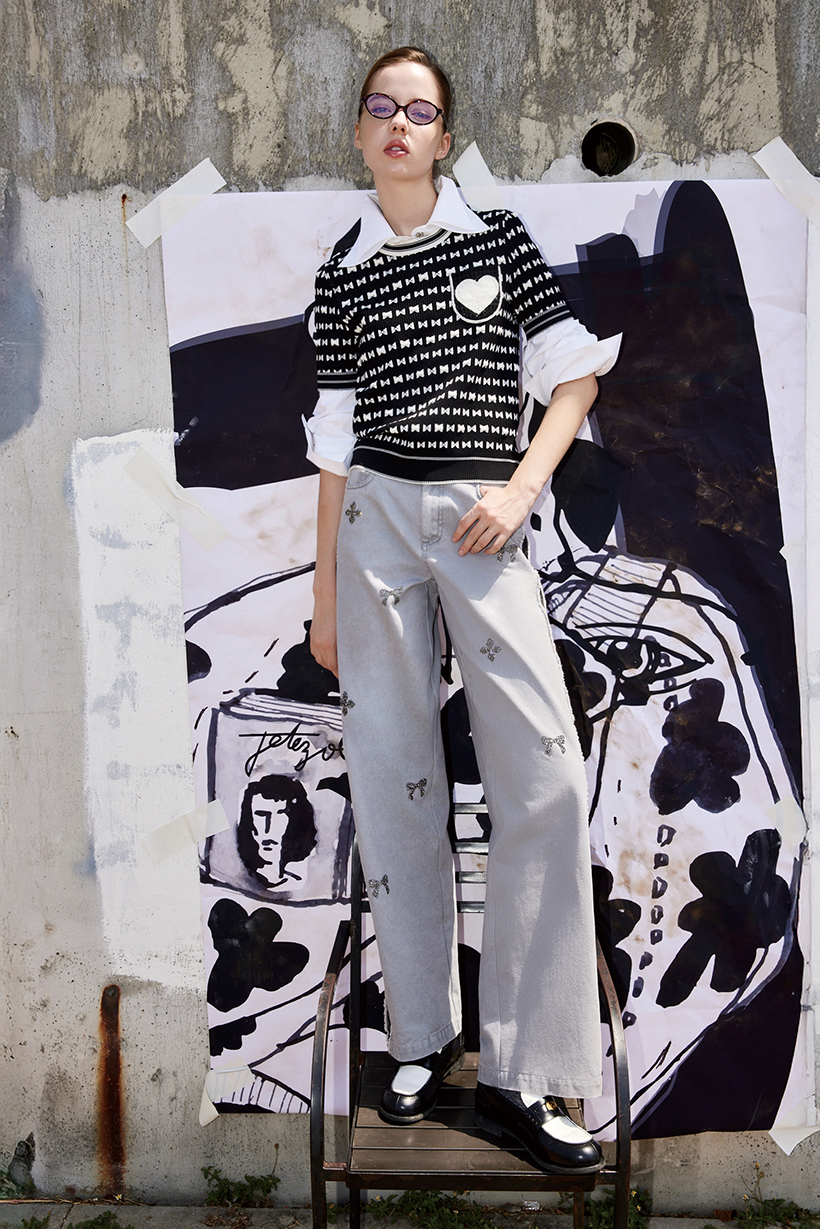 BE15002B1 灰魅‧月光蝴蝶結高腰寬直筒丹寧褲