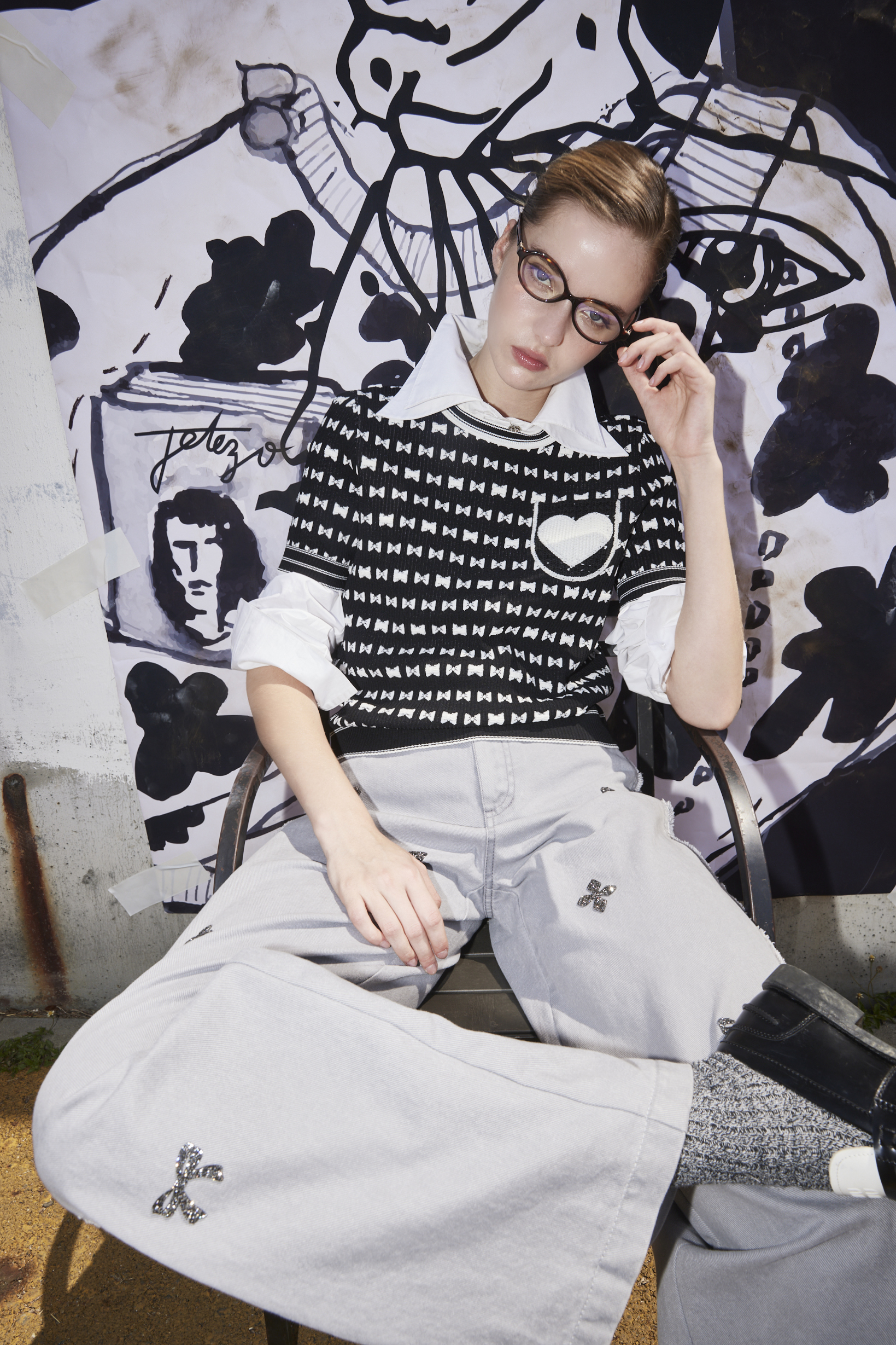 BE15002B1 灰魅‧月光蝴蝶結高腰寬直筒丹寧褲