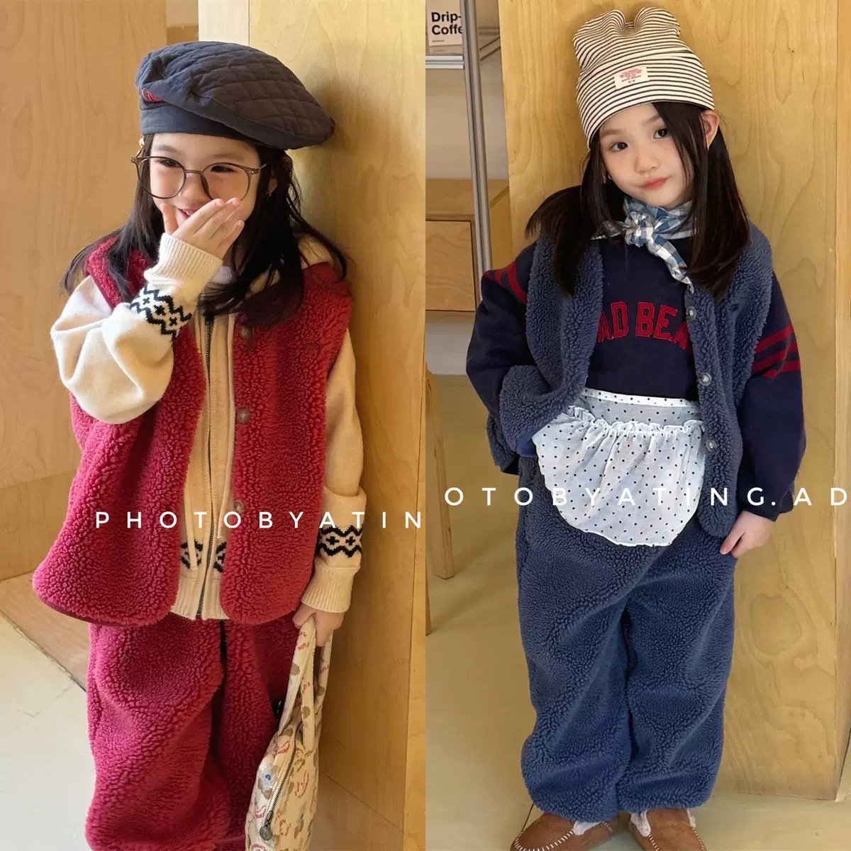 兩色羊羔絨暖呼呼背心套裝