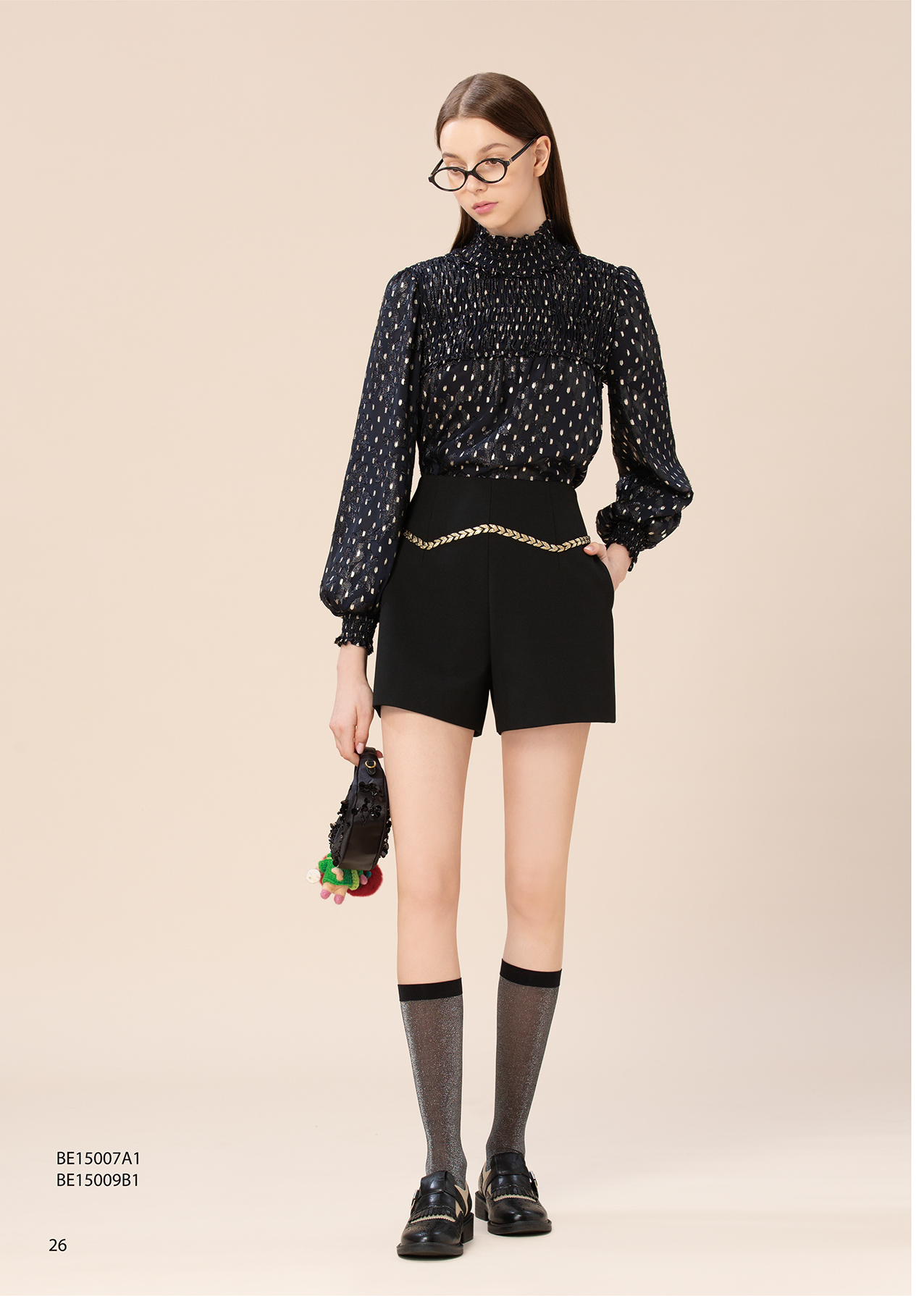 BE15009B1 都會光環金屬編織鍊飾高腰立體A字短褲