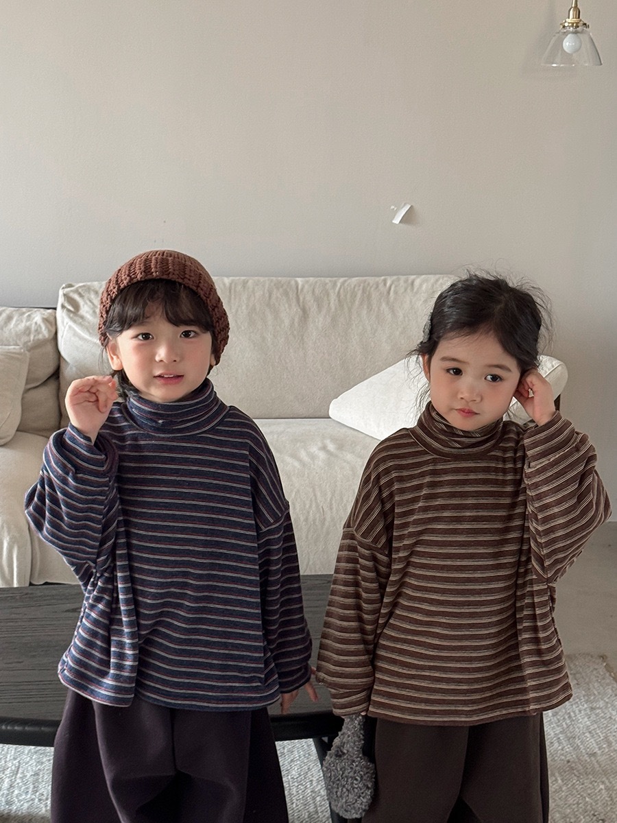 磨毛高領加絨加厚條紋上衣