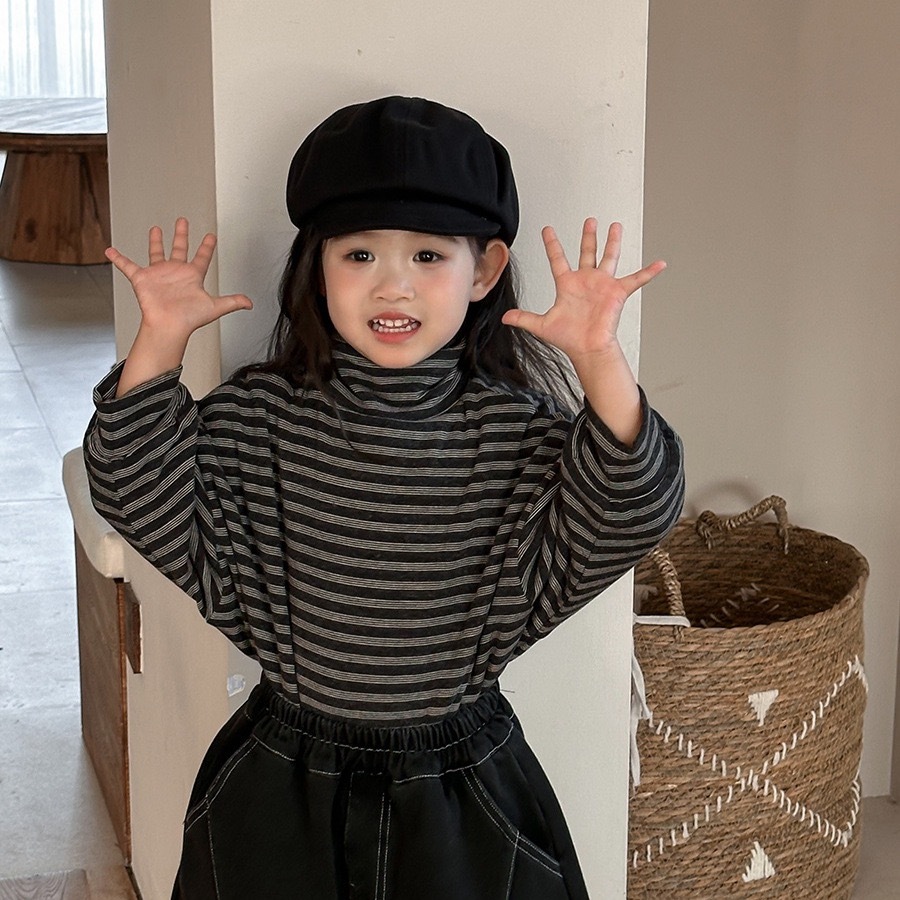 磨毛高領加絨加厚條紋上衣