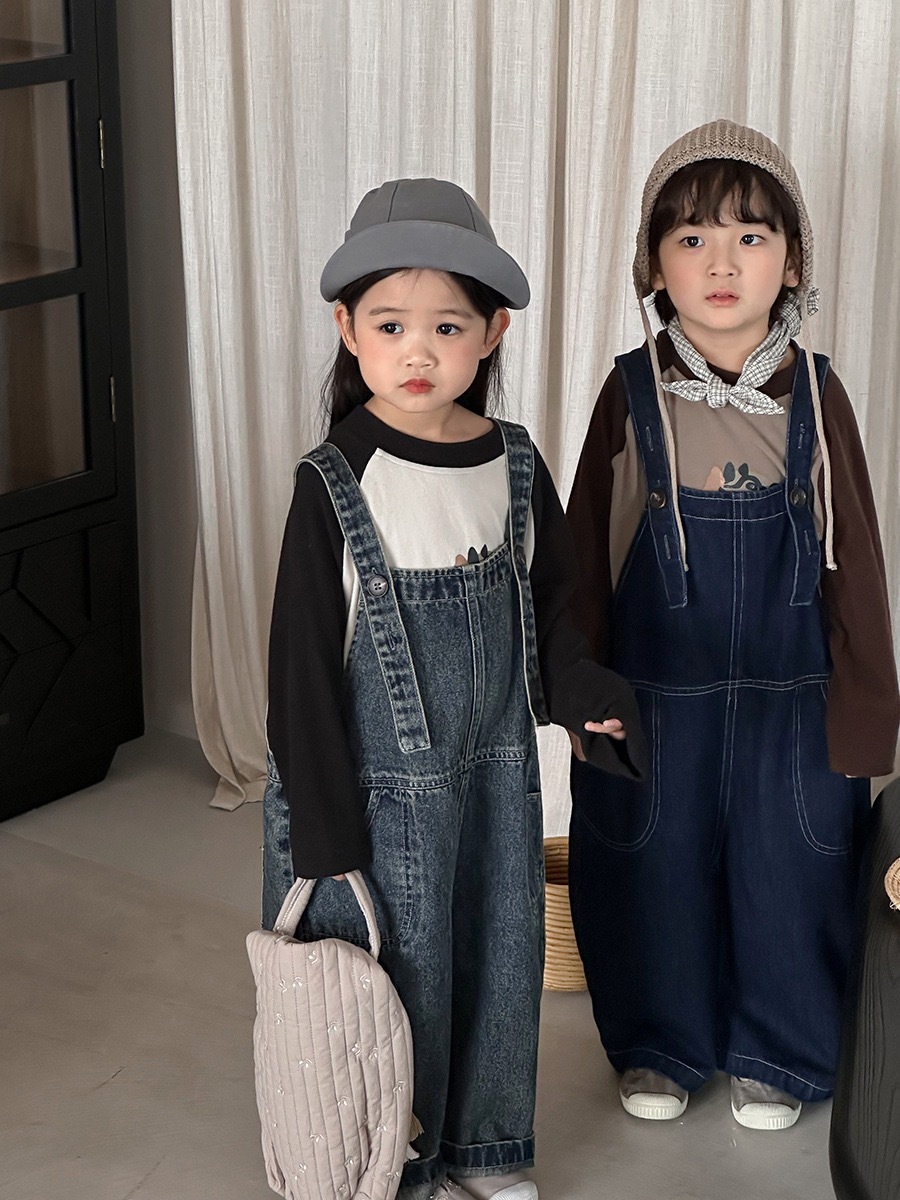 兩色寬鬆感牛仔吊帶褲