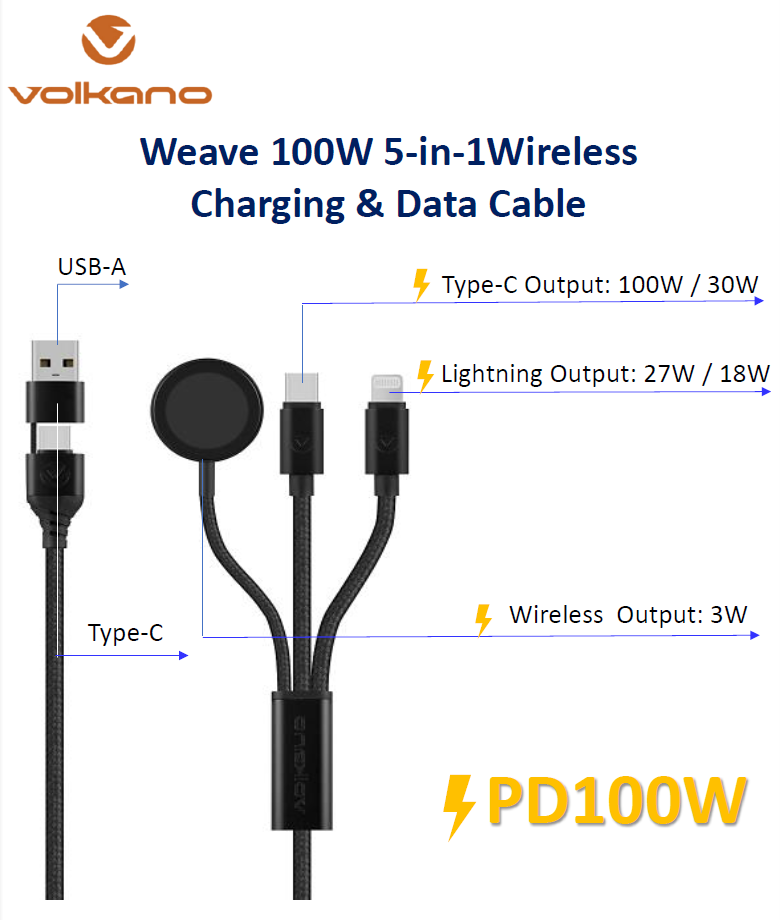 Volkano Weave Series 100W 5 In 1 Charge Data Cable 1M - SE-VK-20240 - Black