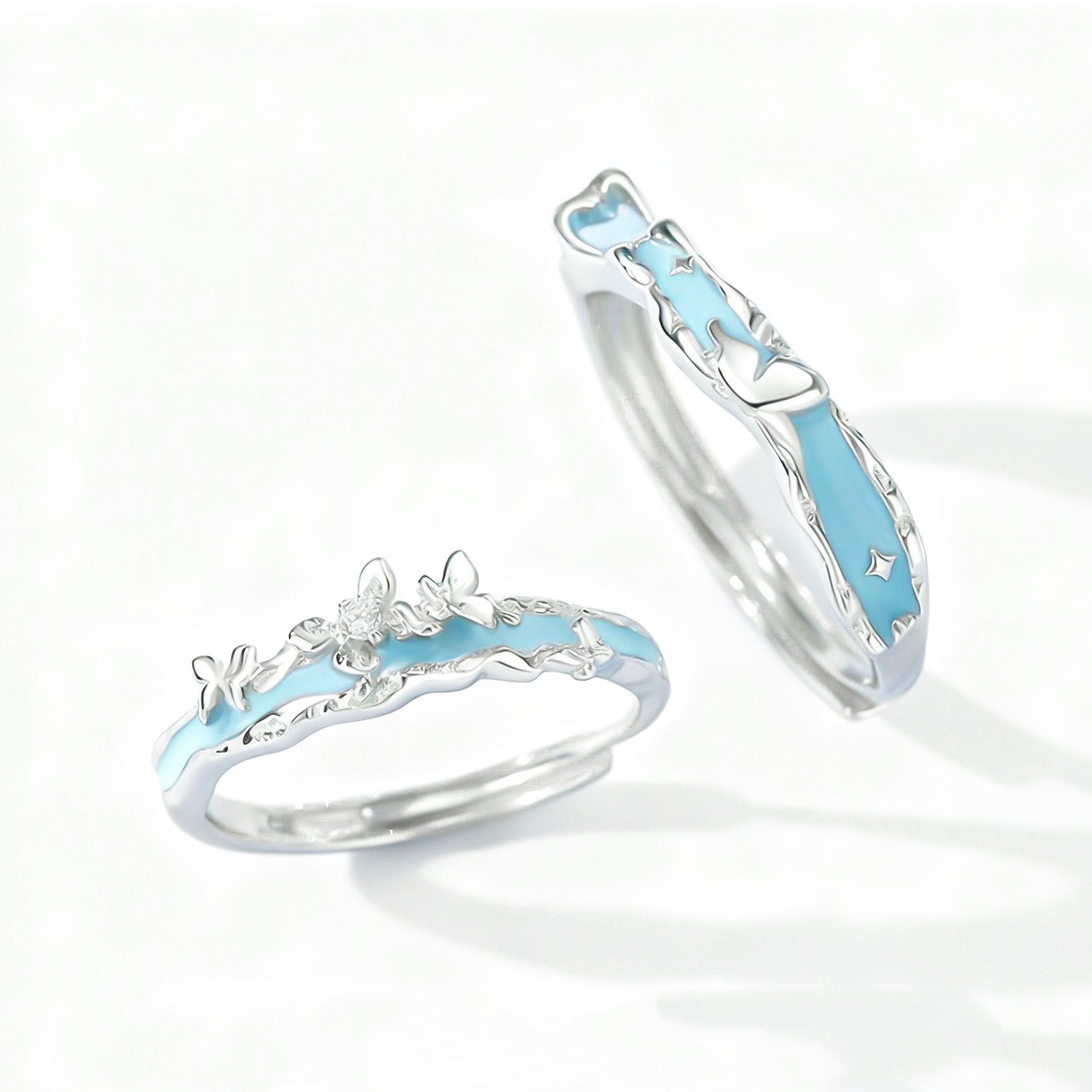 「藍境雙蝶」夜光情侶戒指💍 ｜S925純銀｜免費刻字✒️ ｜夜光對戒✨