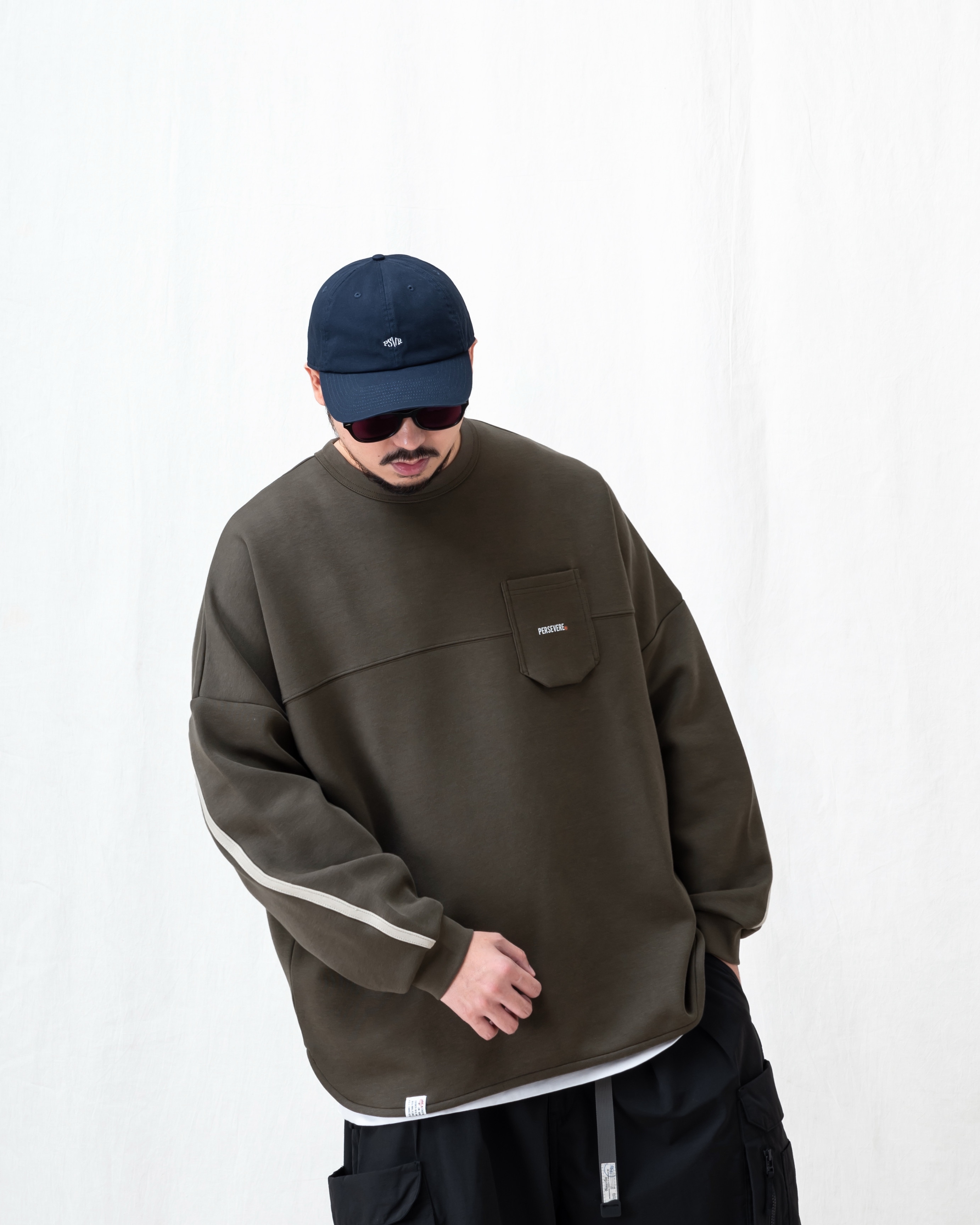 PERSEVERE 經典定番飾邊口袋長袖T恤 灰綠/深藍/灰藍/黑 25 A/W Trimmed Classic Long-Sleeve Pocket T-Shirt