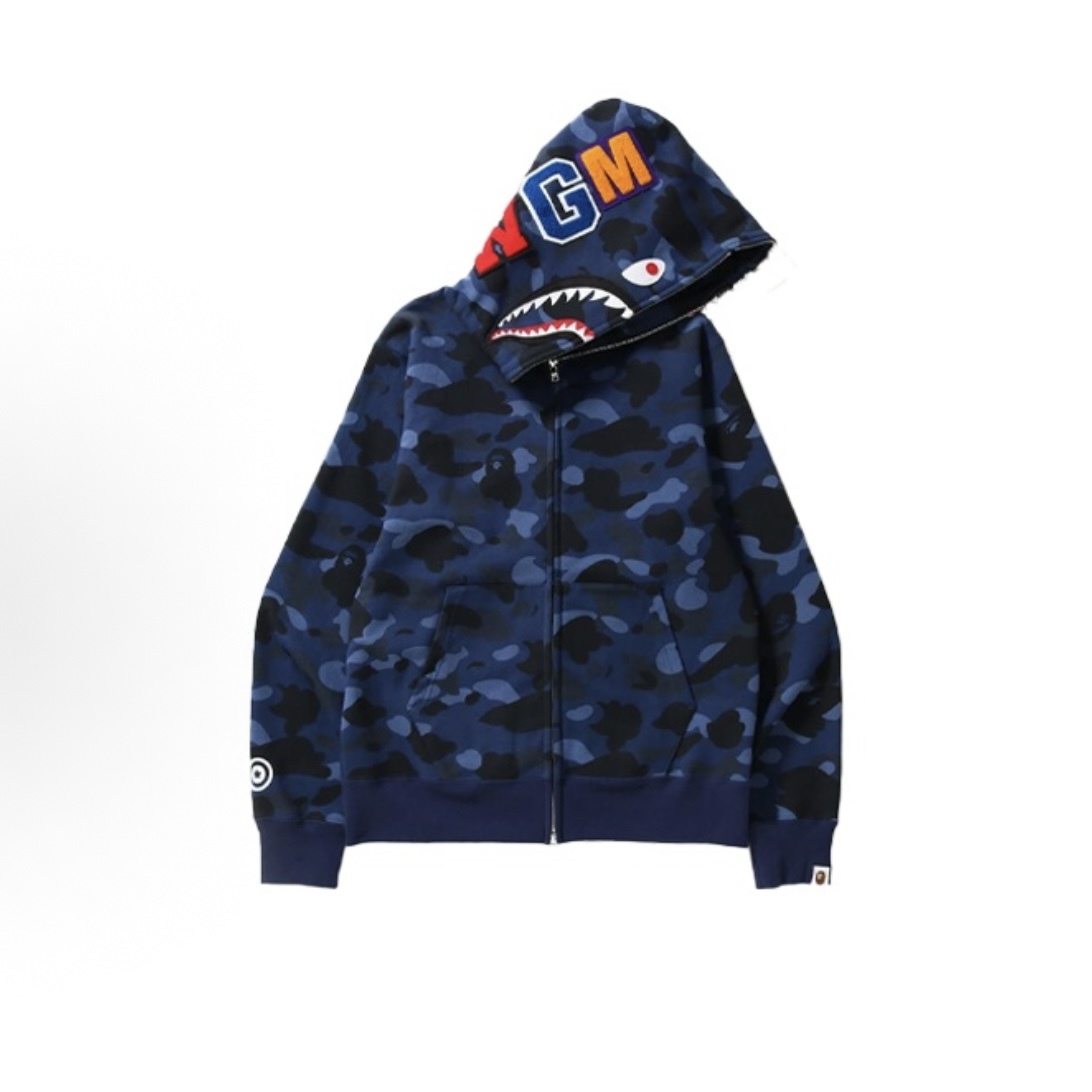 A BATHING APE COLOR CAMO DETACHABLE SHARK FULL ZIP HOODIE 全迷彩 藍色 鯊魚外套-001ZPC801003X