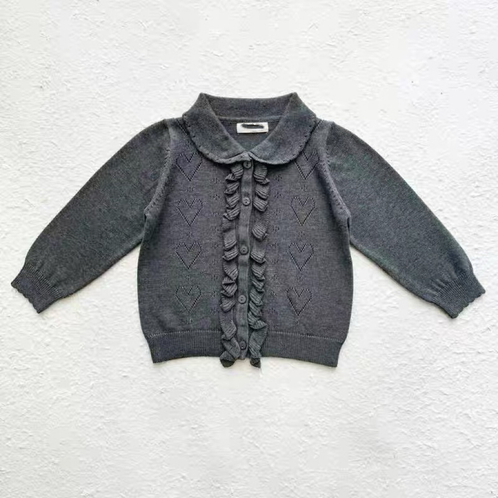 HCB10T007GY HANA COCO-深灰荷葉邊愛心鏤空針織衫