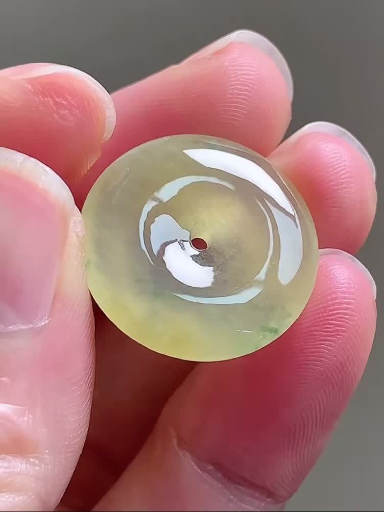 翡翠冰黃翡飄花平安扣 (19.1mm直徑),天然翡翠A玉, 緬甸玉, Jade, Jadeite