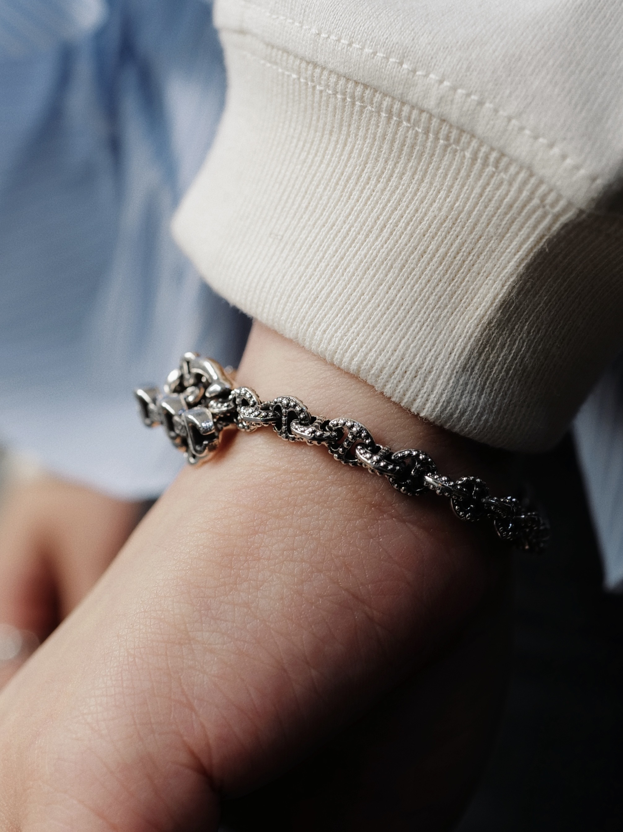 HB433-SSWD SMALL BEADED LINK PRAC-LEI Sterling Silver Small Beaded Link Bracelet w/White Diamond Toggle (Antique Finish)