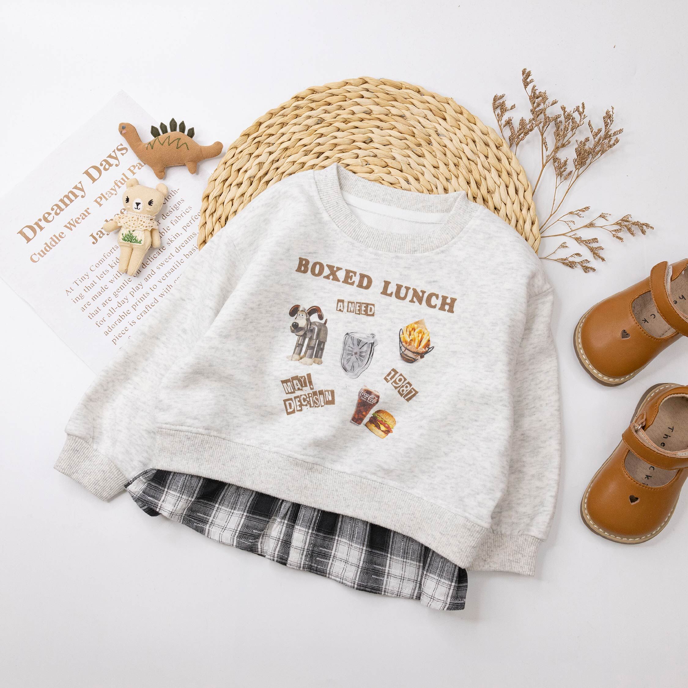 【H55581】美式休閒格紋拼接假兩件上衣