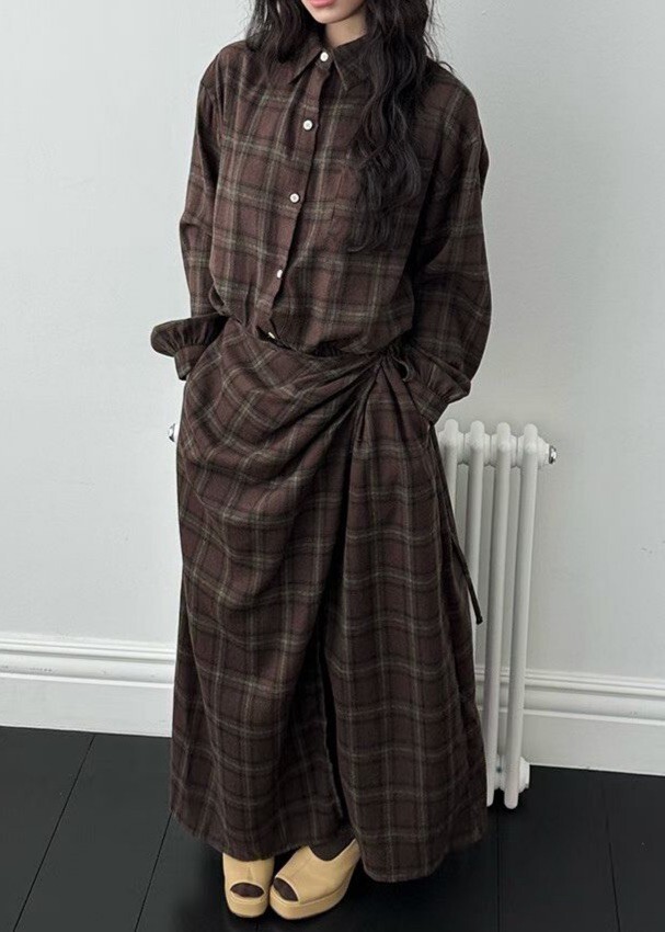 方格紋腰綁造型長洋裝