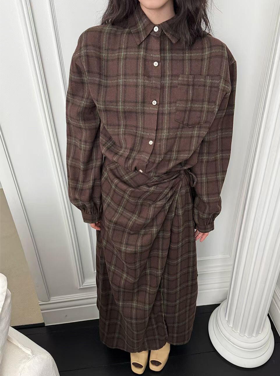 方格紋腰綁造型長洋裝