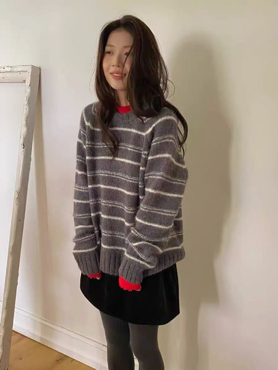 霧感氣質 條紋針織毛衣