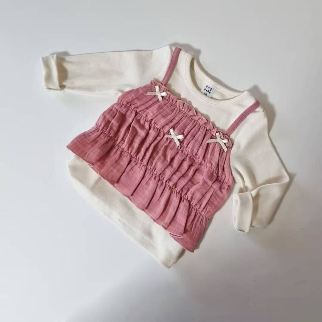 HBB10T001PK HUG BEBE-粉色假兩件蝴蝶結馬甲長袖上衣